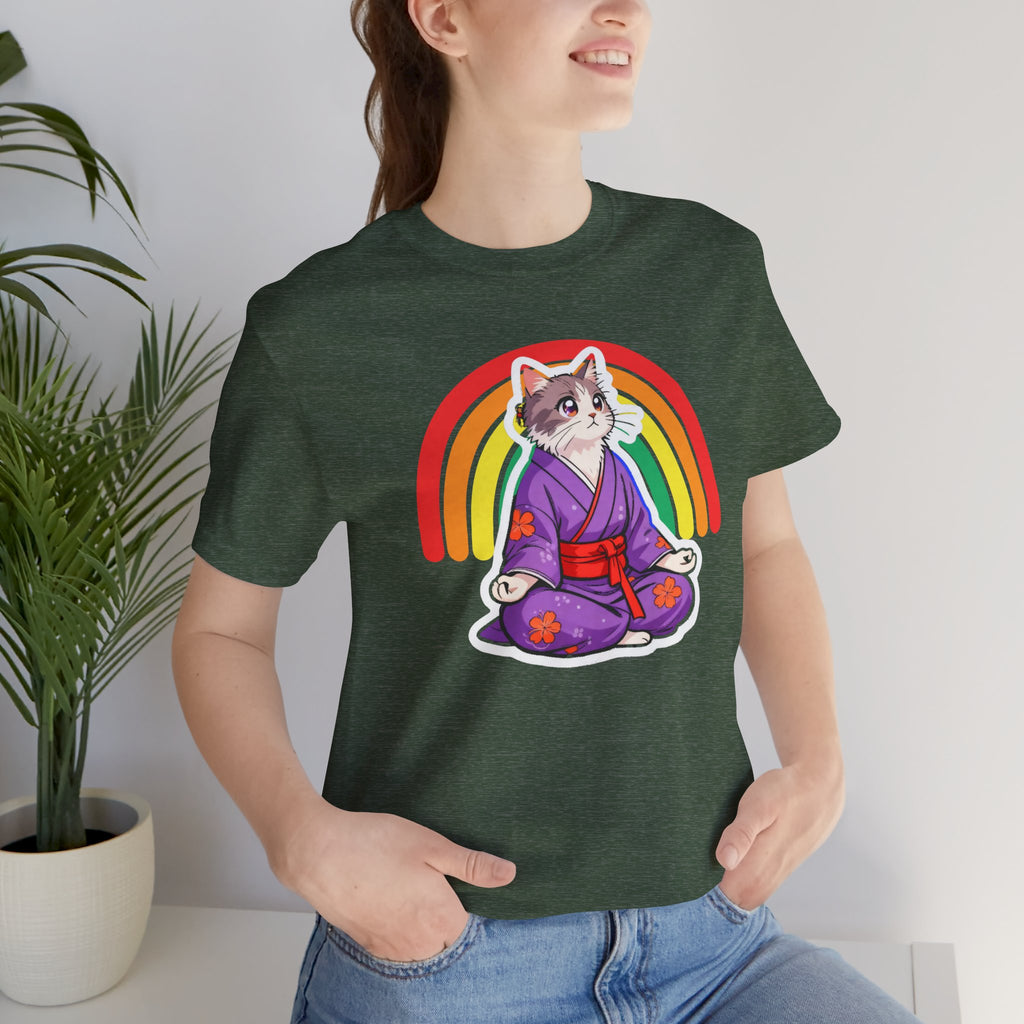 Rainbow Zen Cat Tee | Japanese Meditation Neko Kimono Shirt - Kimono Cats Collection
