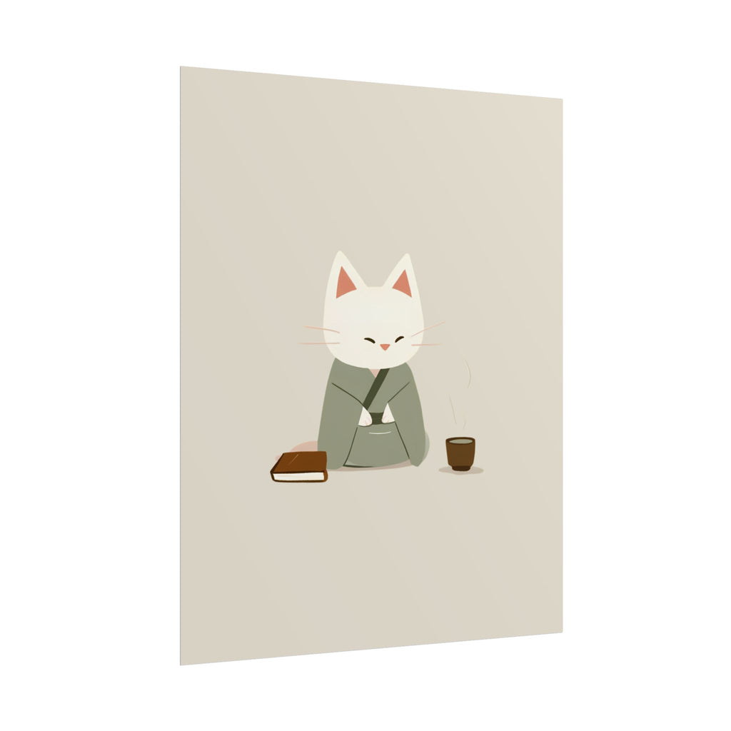 Zen Cat Poster – Minimalist Japanese Tea & Book Wall Art
