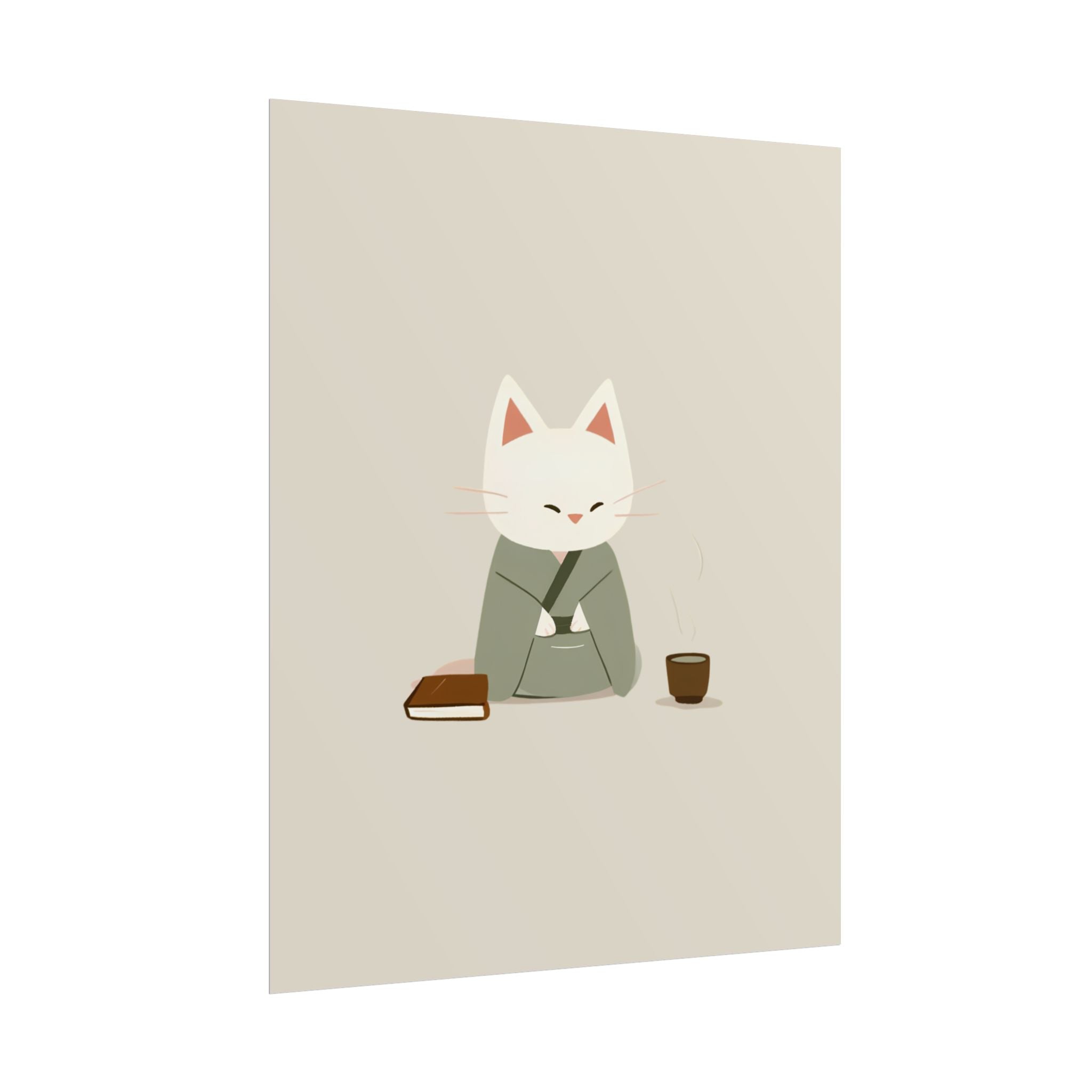 Zen Cat Poster – Minimalist Japanese Tea & Book Wall Art
