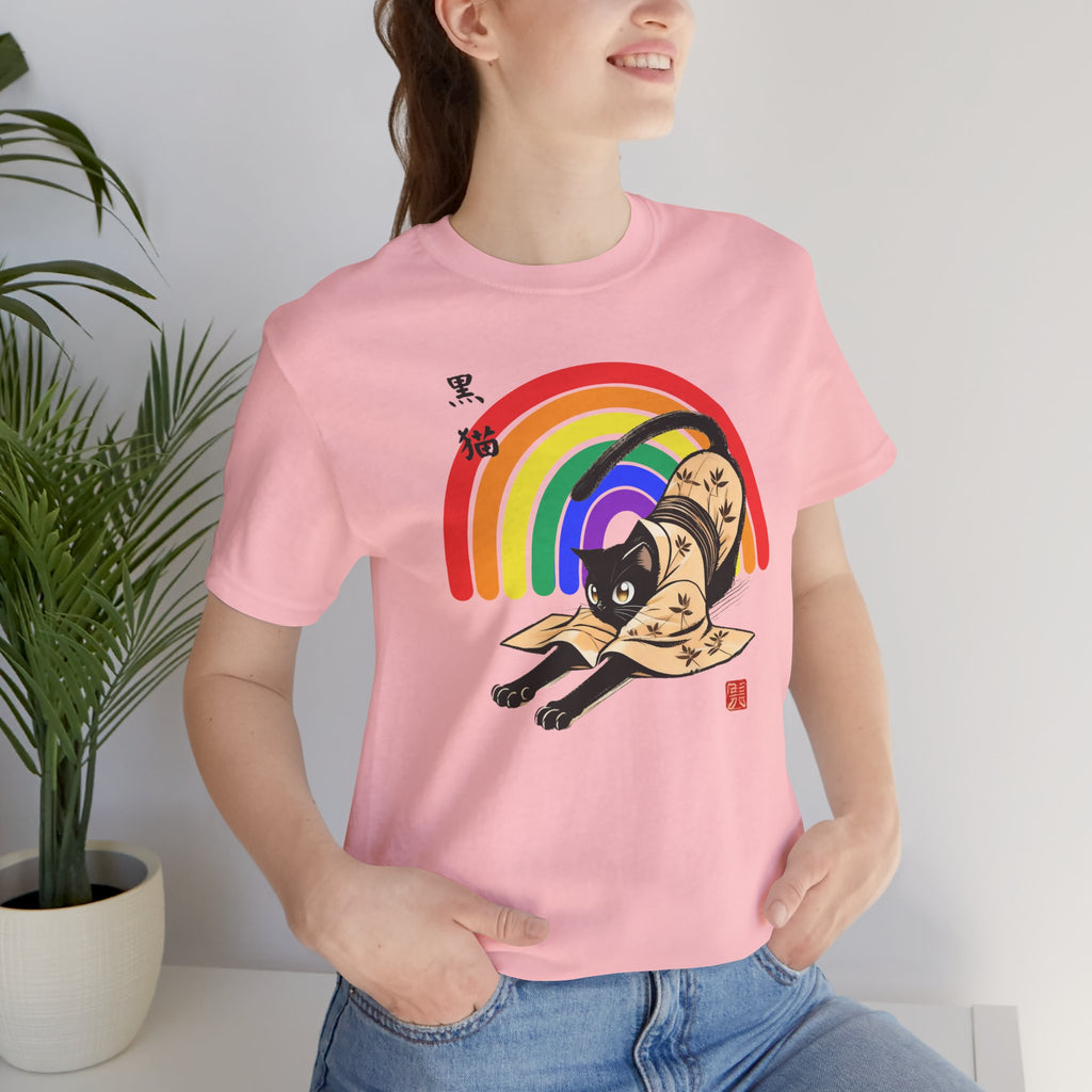 Rainbow Kuro Neko T-Shirt | Yoga Cat Shirt in Black Cat Kimono Design - Kimono Cats Collection