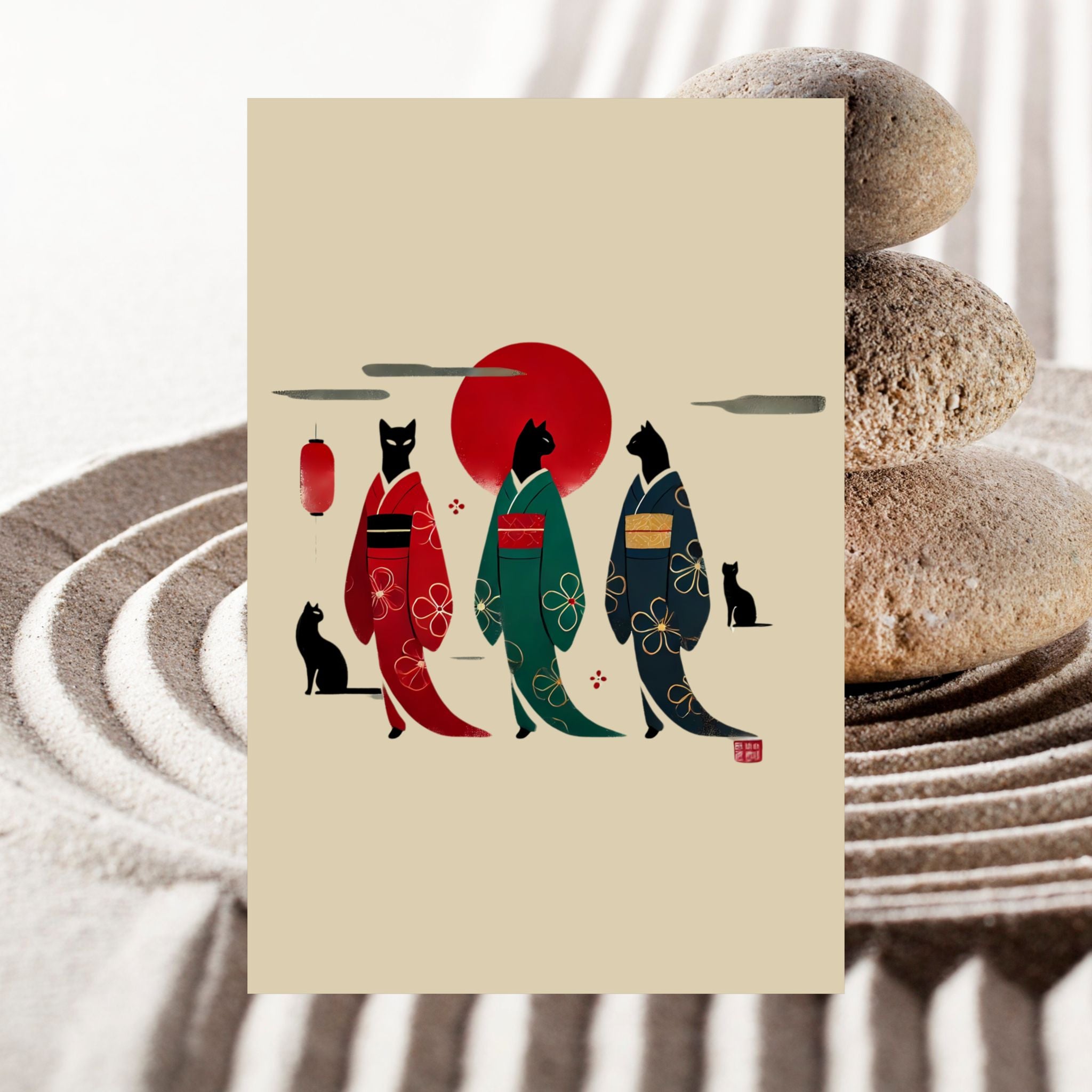 Black Cats in Kimonos Wall Art – Red Sun Print 🐾