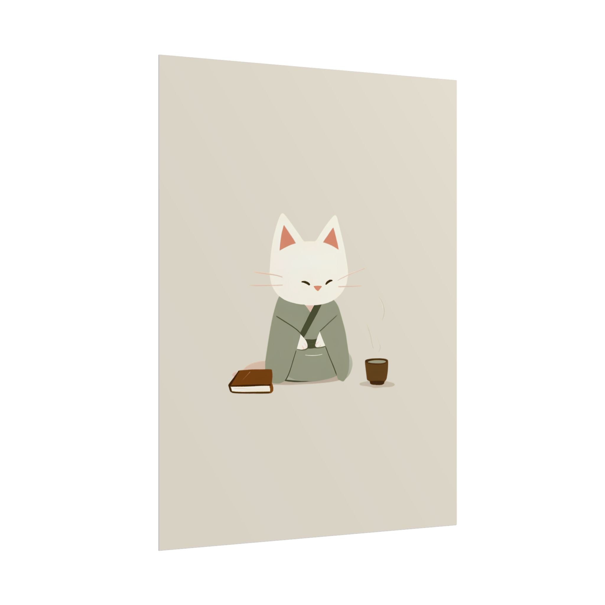 Zen Cat Poster – Minimalist Japanese Tea & Book Wall Art