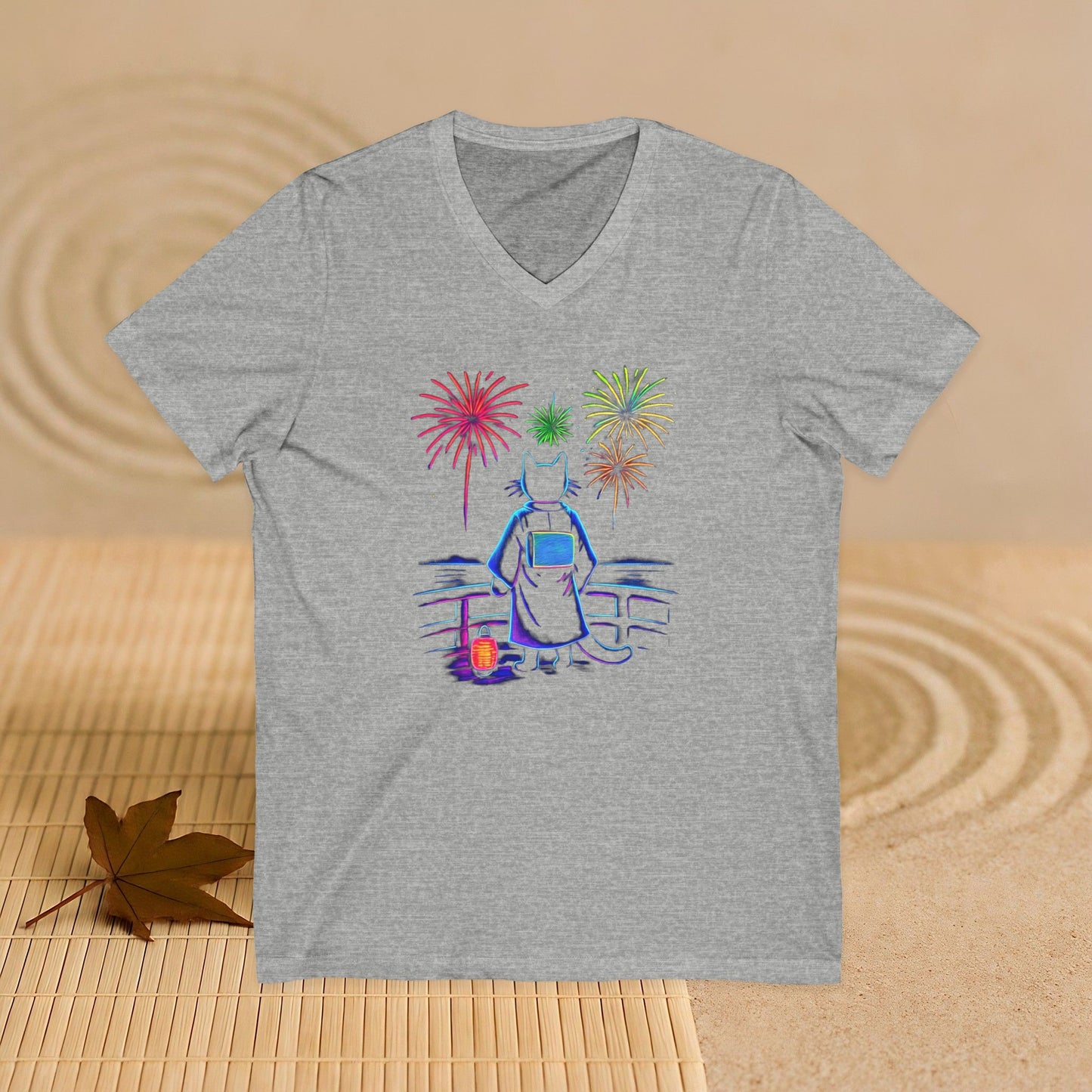 V-Neck Tee Cat Watching Fireworks - Unisex