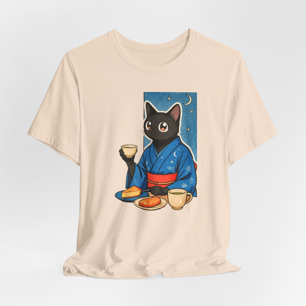 Midnight Tea Cat Shirt - Japanese Kimono Black Cat Tee | Cozy Night Aesthetic