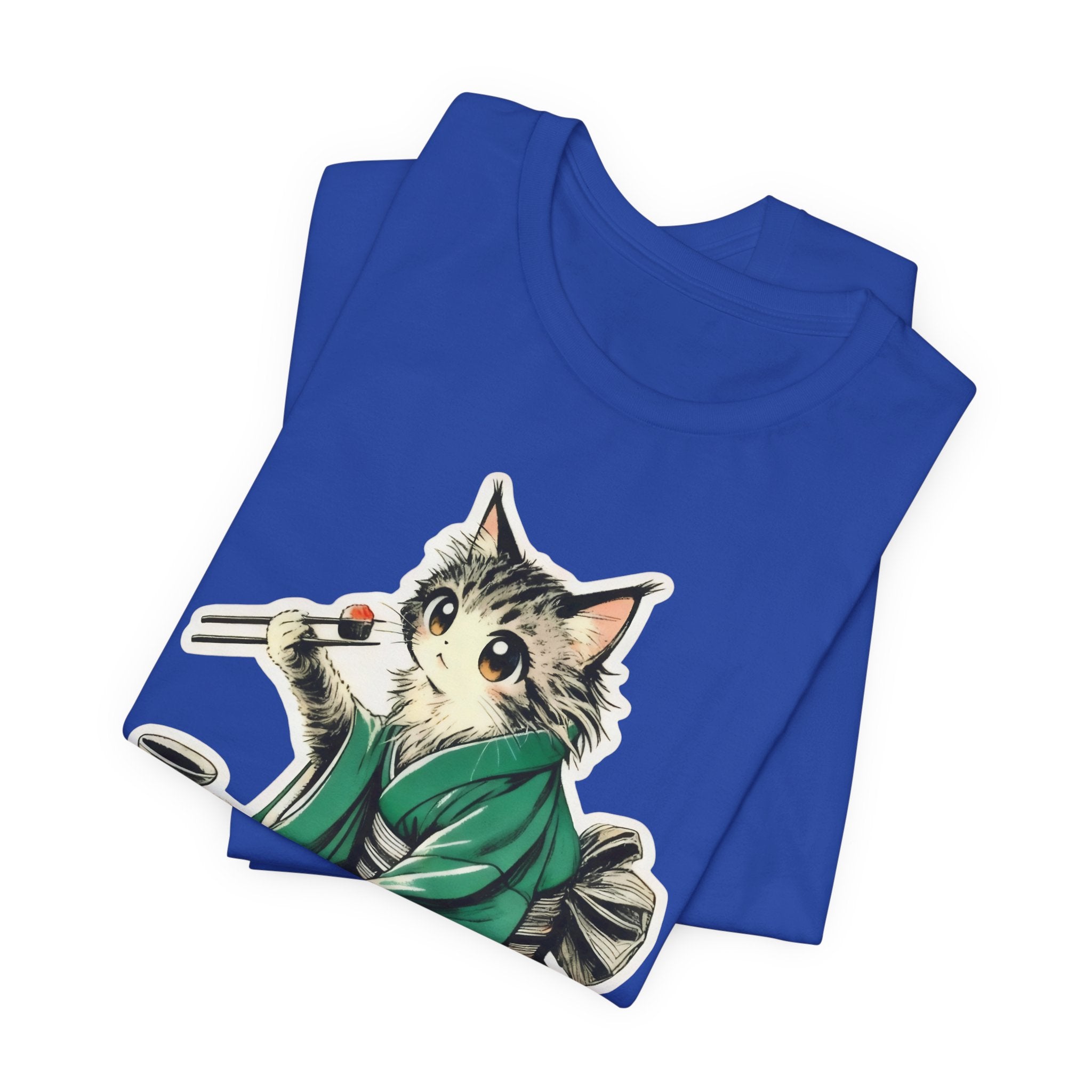 Kat Wearing Kimono Eating Sushi T-Shirt | Cute Japanese Cat Illustration