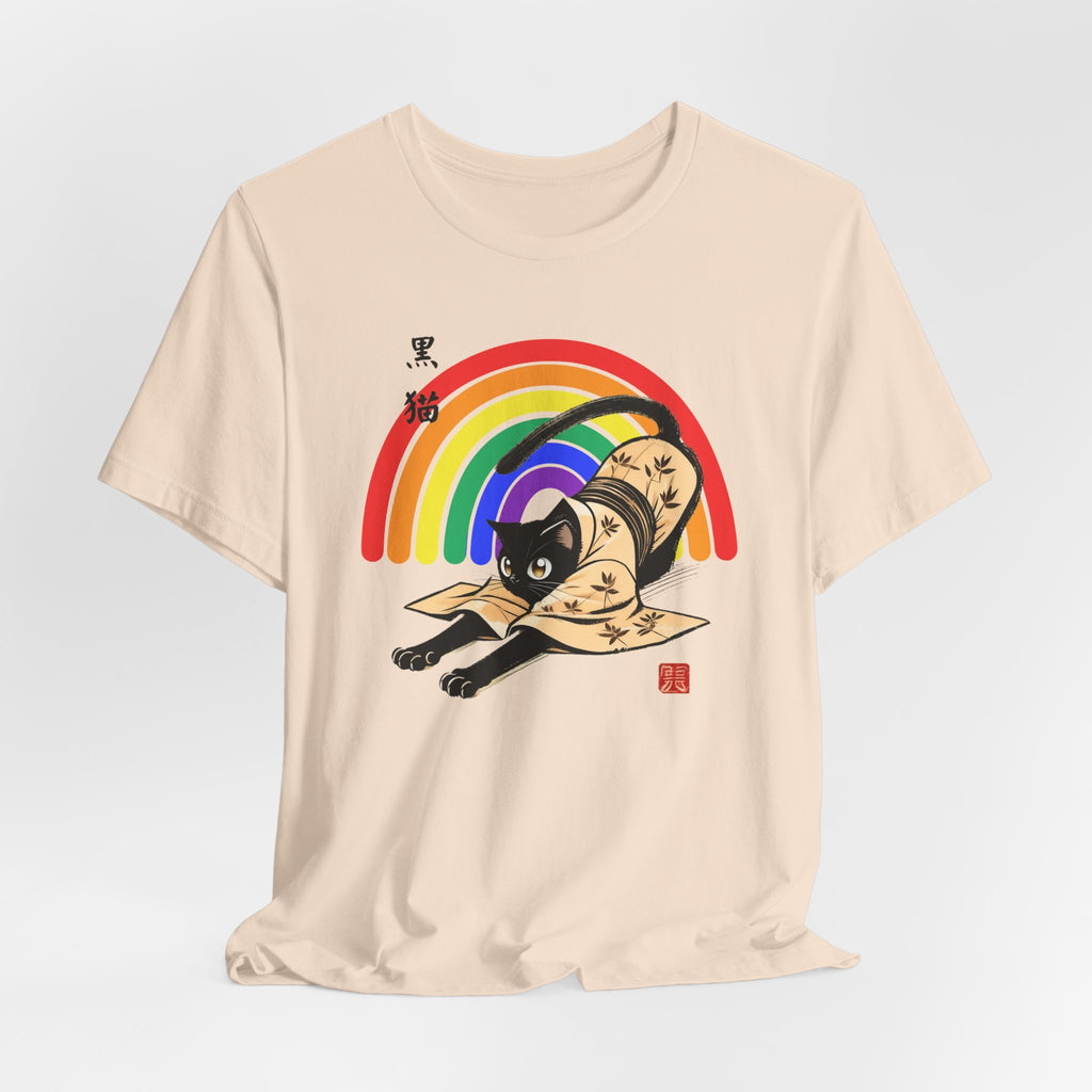 Rainbow Kuro Neko T-Shirt | Yoga Cat Shirt in Black Cat Kimono Design - Kimono Cats Collection