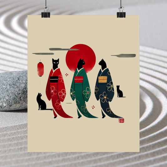 Schwarze Katzen in Kimonos Wandkunst – Roter Sonnendruck 🐾