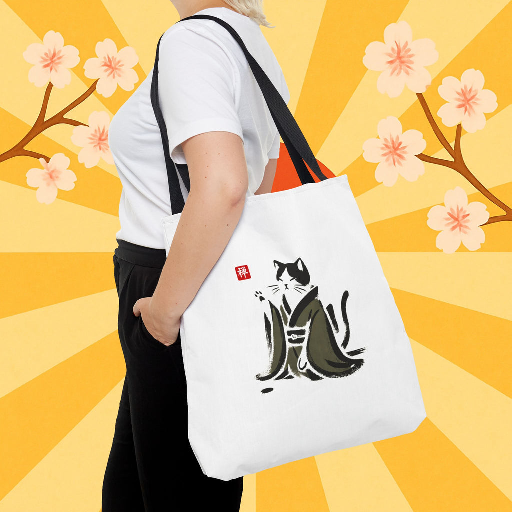 Zen Cat Tote Bag — Japanese Sumi-e Style Cat Illustration