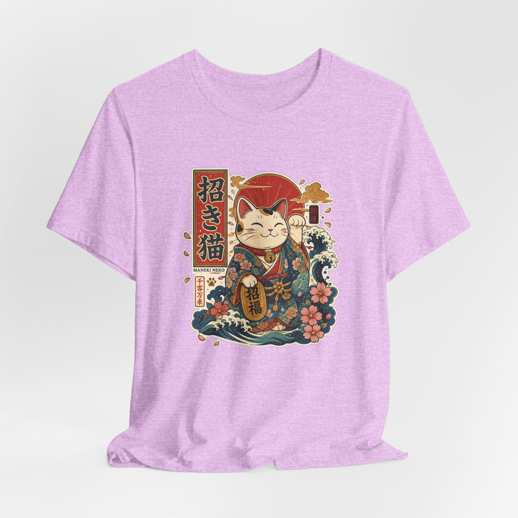 Maneki Neko Lucky Cat T-Shirt — Japanese Wave & Floral Good Fortune Tee