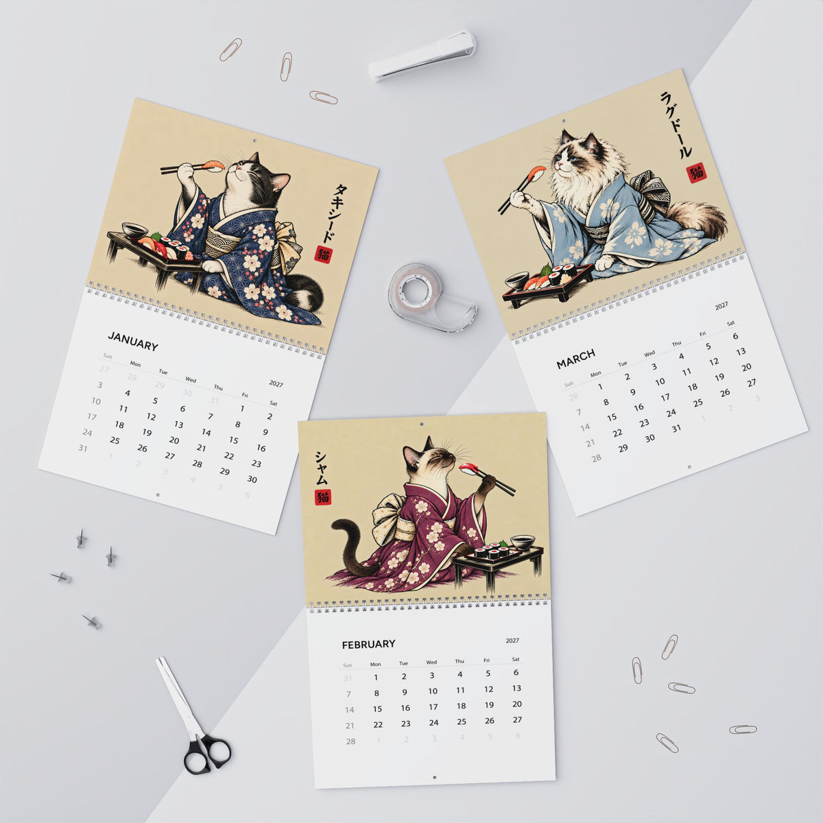 Japanese Cat Sushi Art Wall Calendar 2027