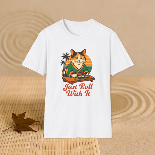 Sushi Cat Just Roll With It Tee - Cat-Themed Graphic Shirt, Japanese Neko in Kimono, Sushi Lover Kitty