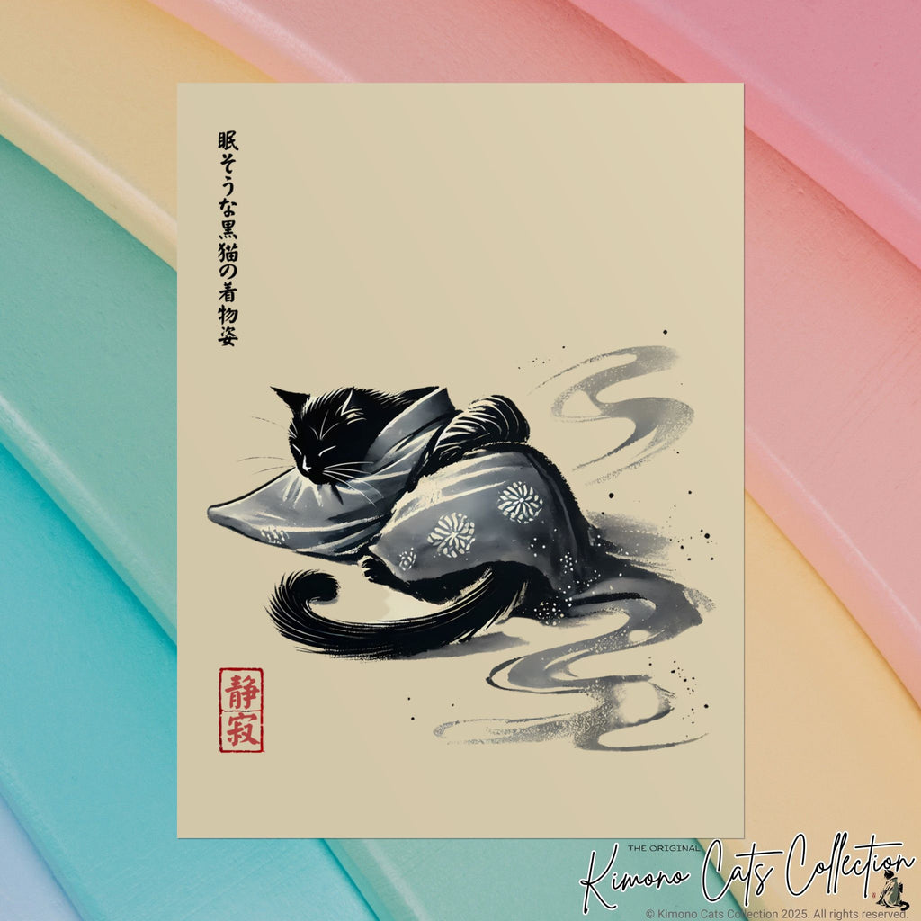 Sleeping Black Cat in Kimono – Sumi-e Zen Art Print