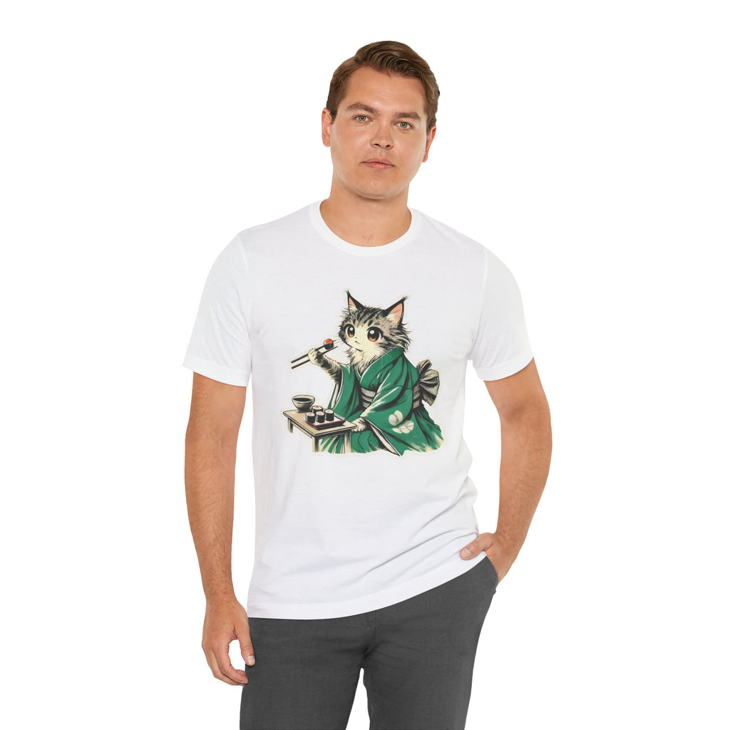 Kat Wearing Kimono Eating Sushi T-Shirt | Cute Japanese Cat Illustration