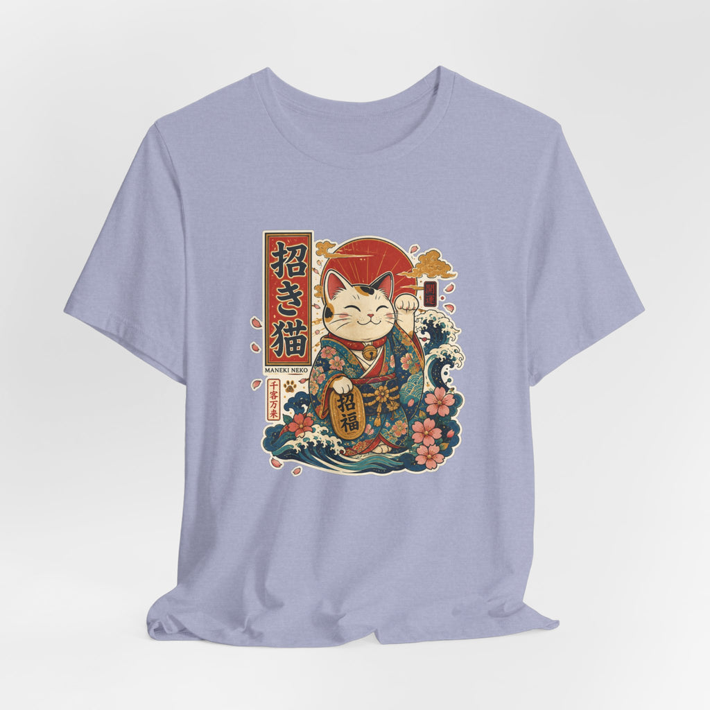 Maneki Neko Lucky Cat T-Shirt — Japanese Wave & Floral Good Fortune Tee