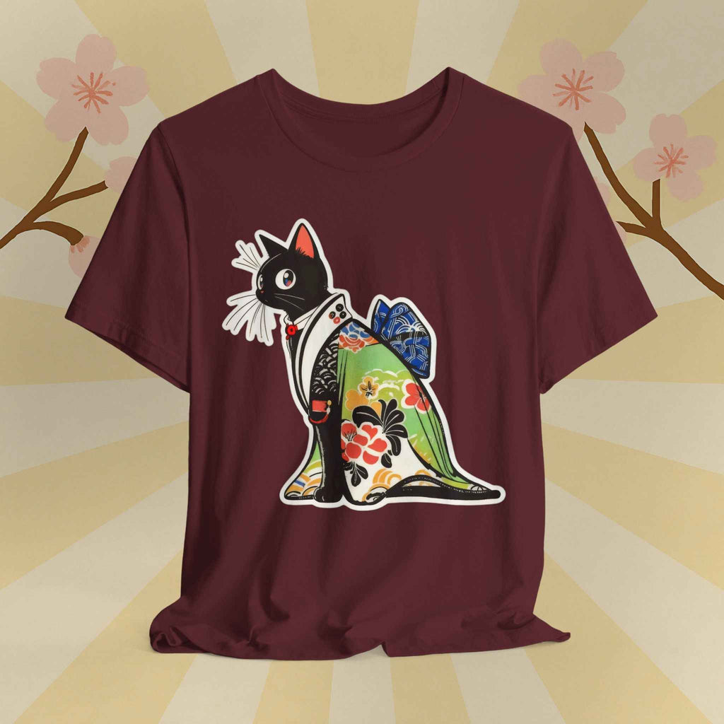 Cat Kimono T‑Shirt — Japanese Floral Black Cat Graphic Tee