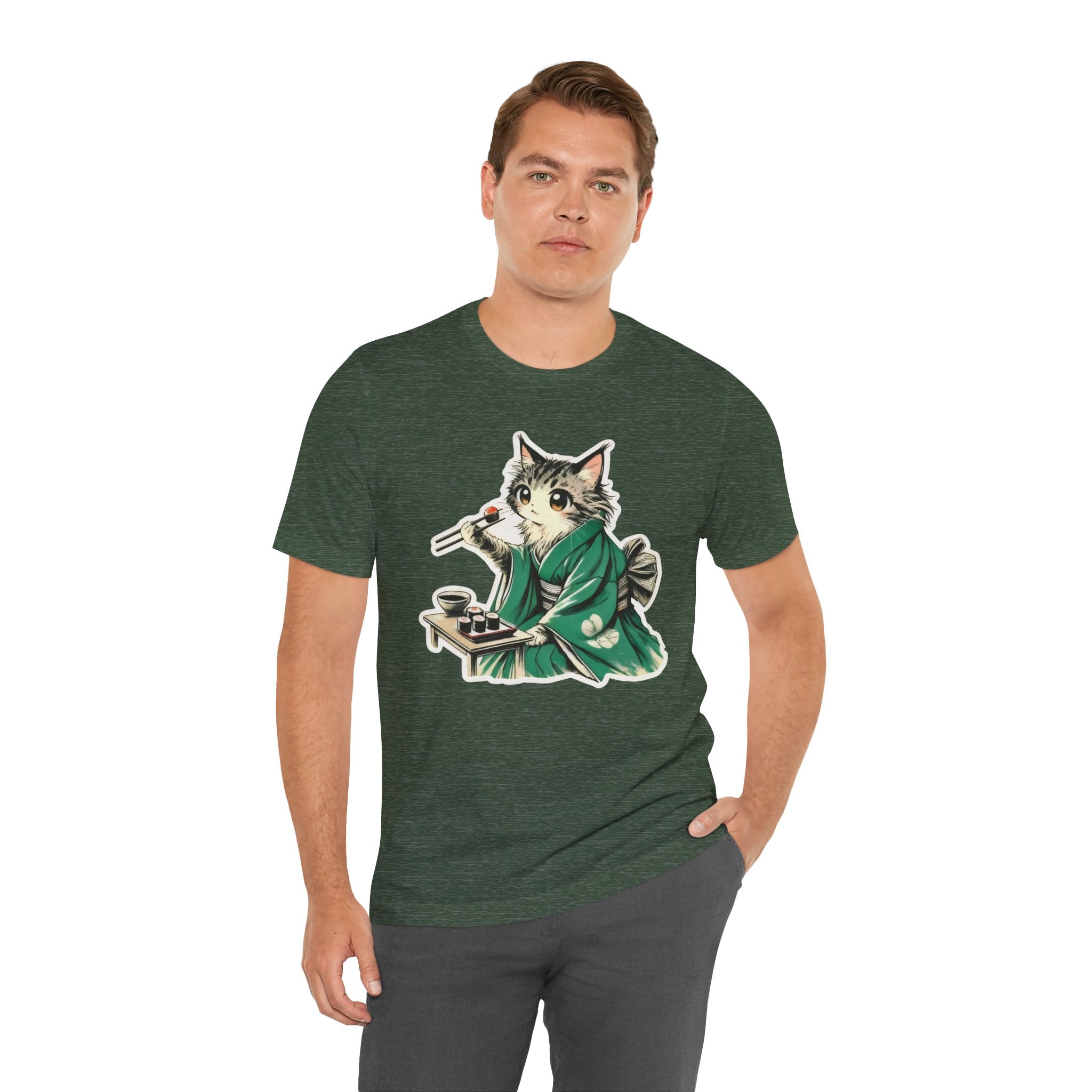 Kat Wearing Kimono Eating Sushi T-Shirt | Cute Japanese Cat Illustration