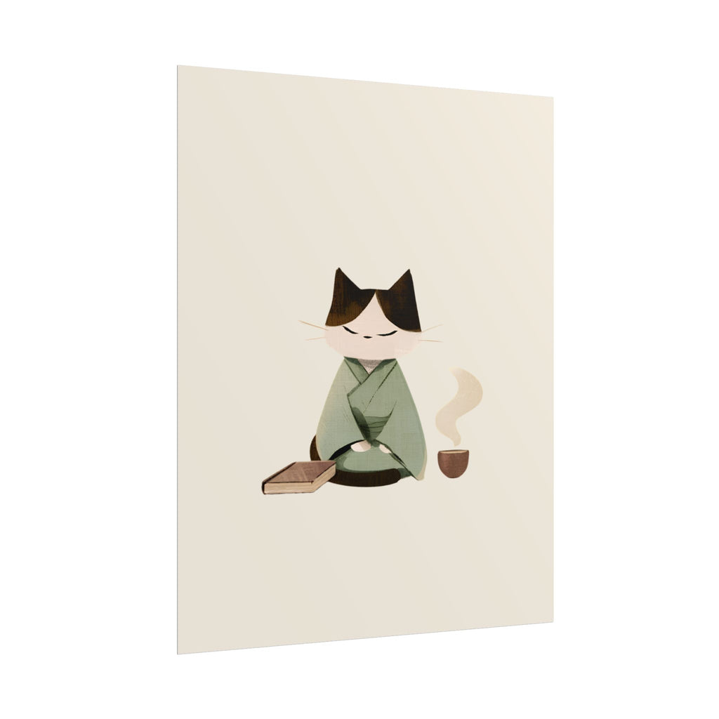 Zen Cat Tea Poster — Minimalist Rolled Art Print