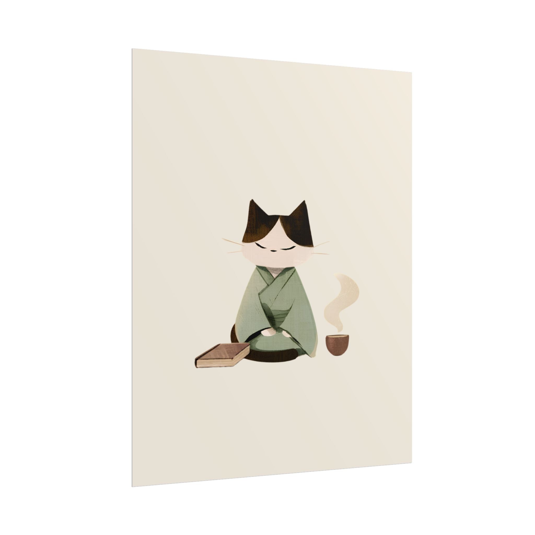 Zen Cat Tea Poster — Minimalist Rolled Art Print