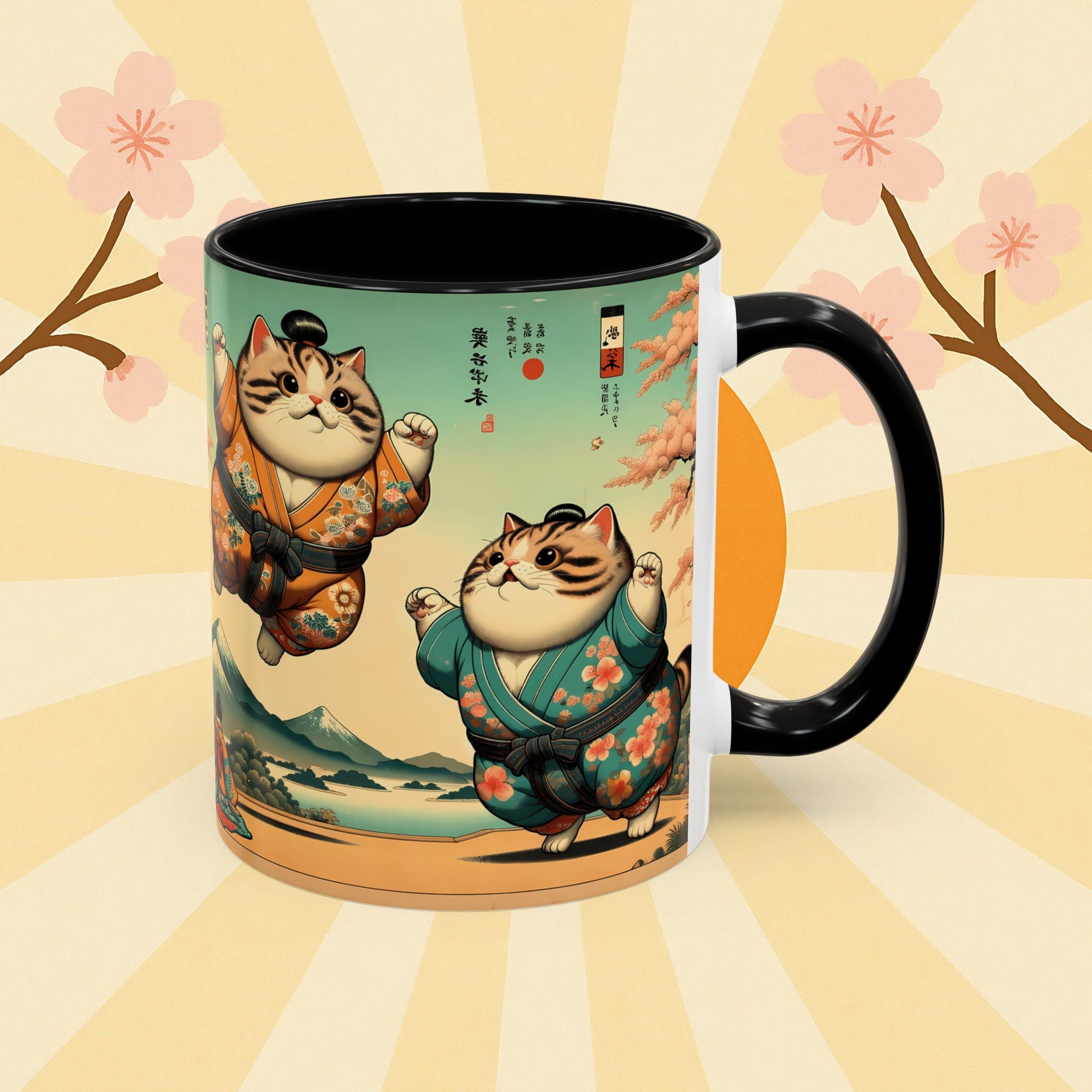 Sumo Cats Mug with Japanese Cherry Blossoms Design - Kimono Cats Collection