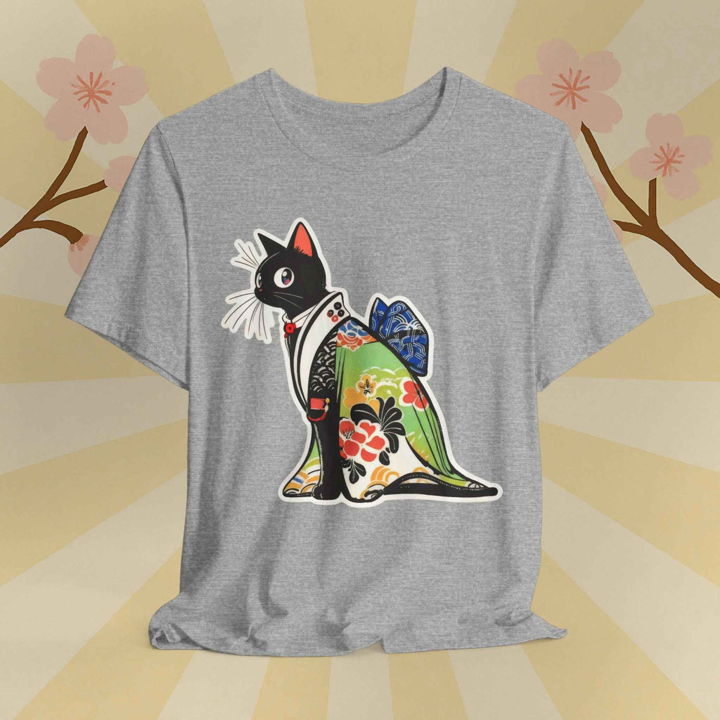 Cat Kimono T‑Shirt — Japanese Floral Black Cat Graphic Tee