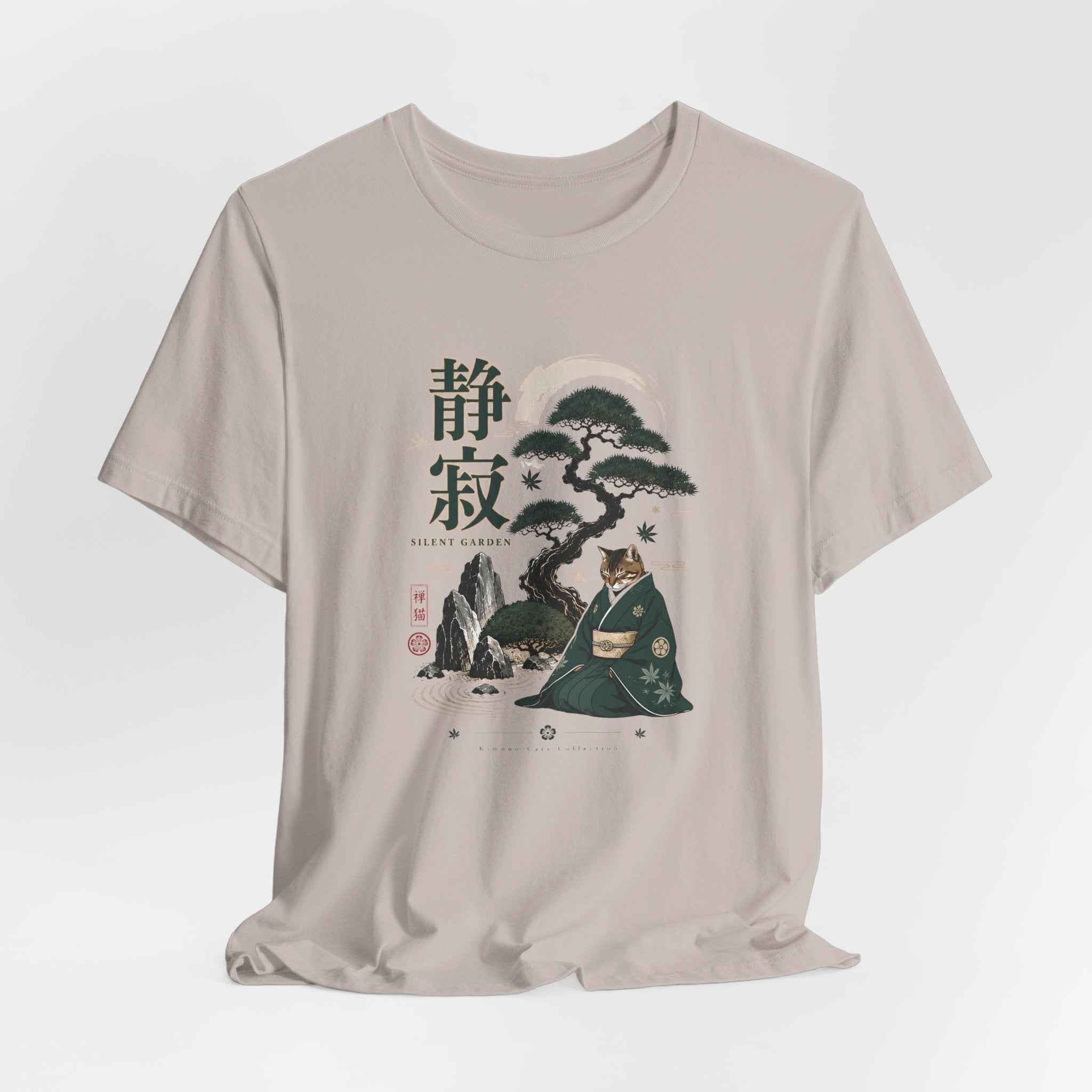 Zen Cat Monk T-Shirt | Japanese Bonsai, Tranquil Kanji Illustration