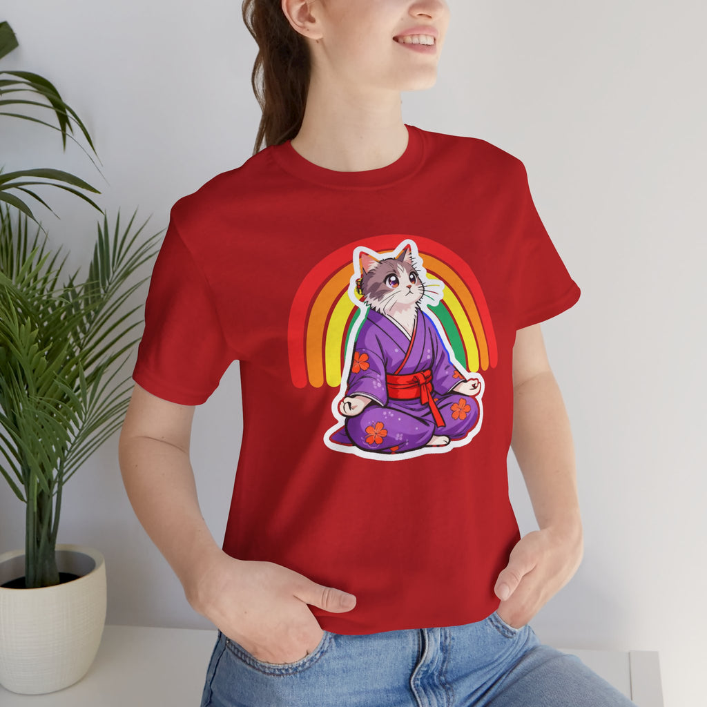 Rainbow Zen Cat Tee | Japanese Meditation Neko Kimono Shirt - Kimono Cats Collection