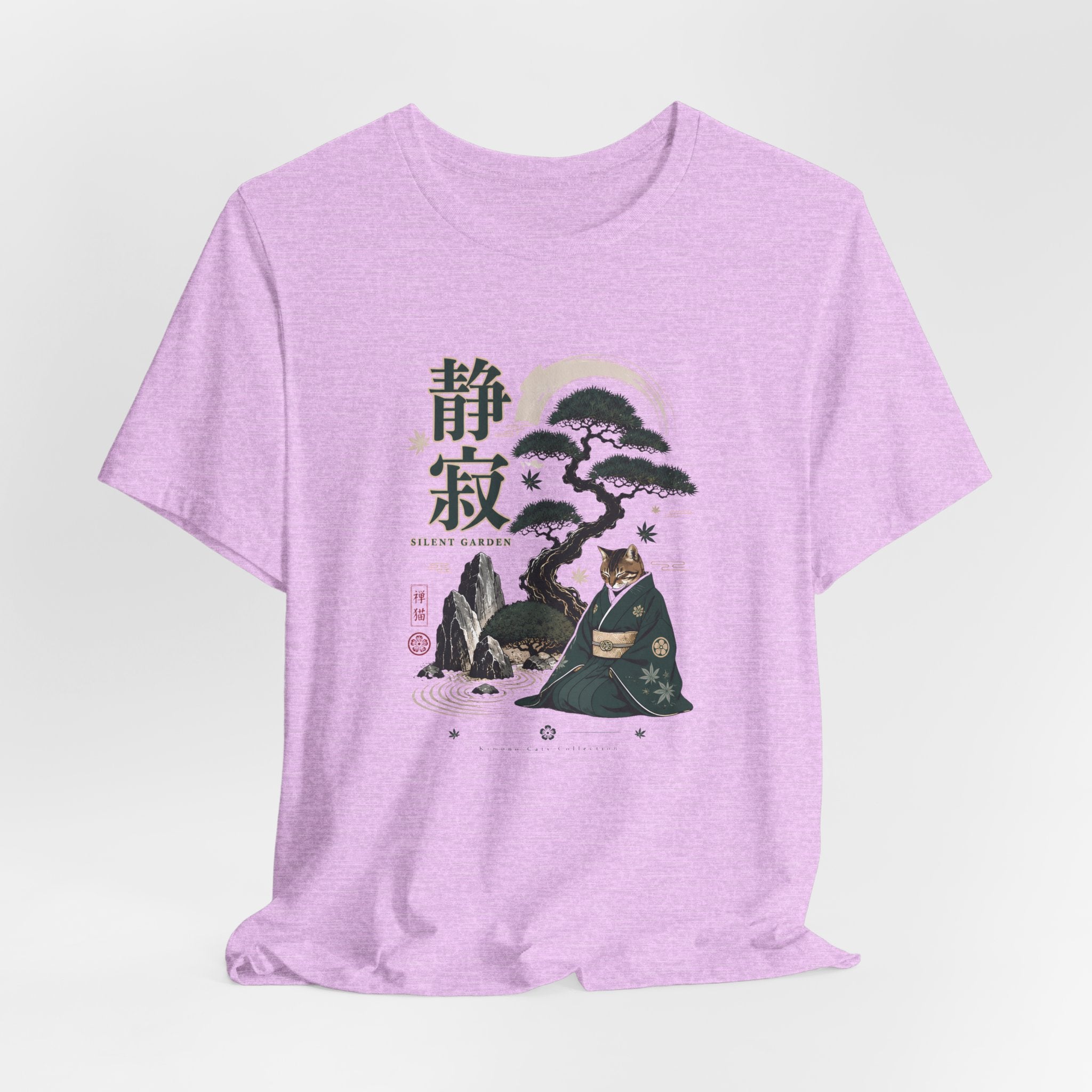 Zen Cat Monk T-Shirt | Japanese Bonsai, Tranquil Kanji Illustration