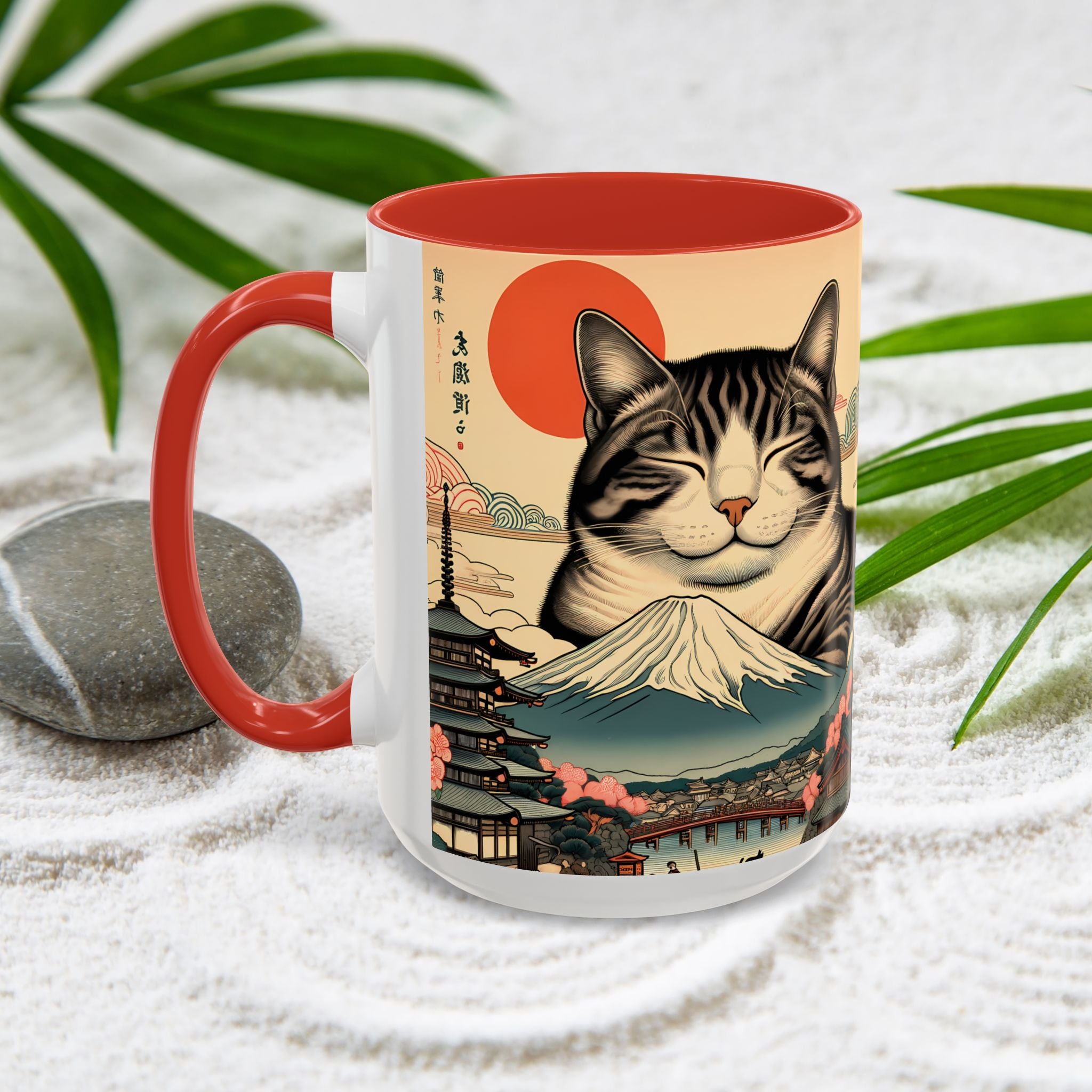 Japanese Fuji Cat Mug - Ukiyo-e Style Gift for Cat Lovers, Pet Mom Coffee Cup, Sleepy Neko Art Design