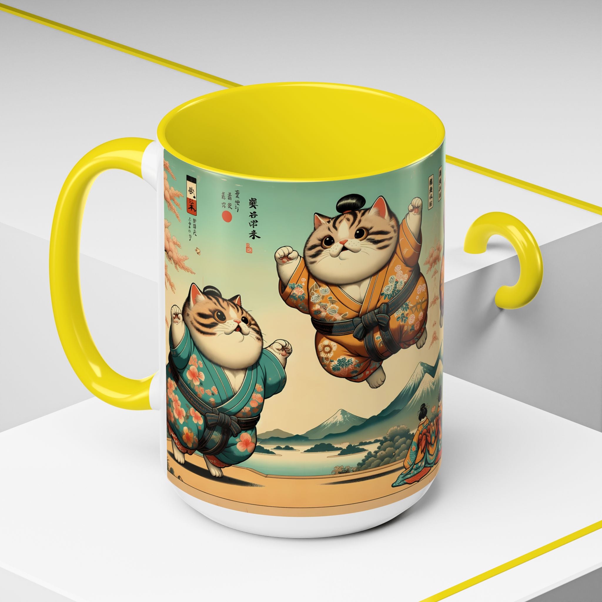 Sumo Cats Mug with Japanese Cherry Blossoms Design - Kimono Cats Collection