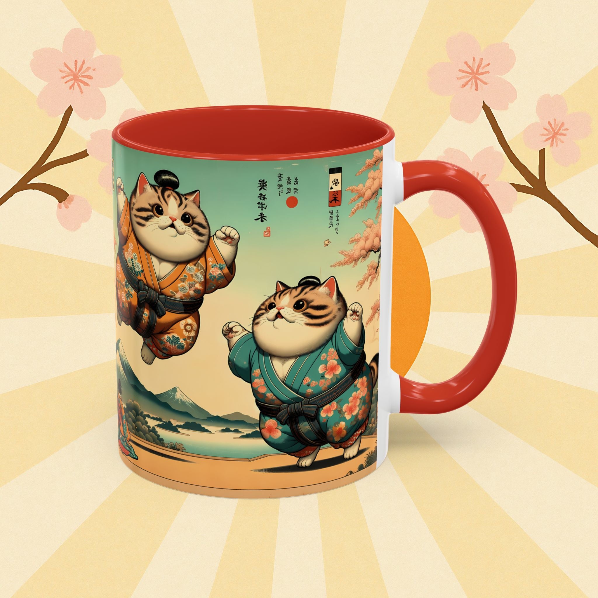 Sumo Cats Mug with Japanese Cherry Blossoms Design - Kimono Cats Collection