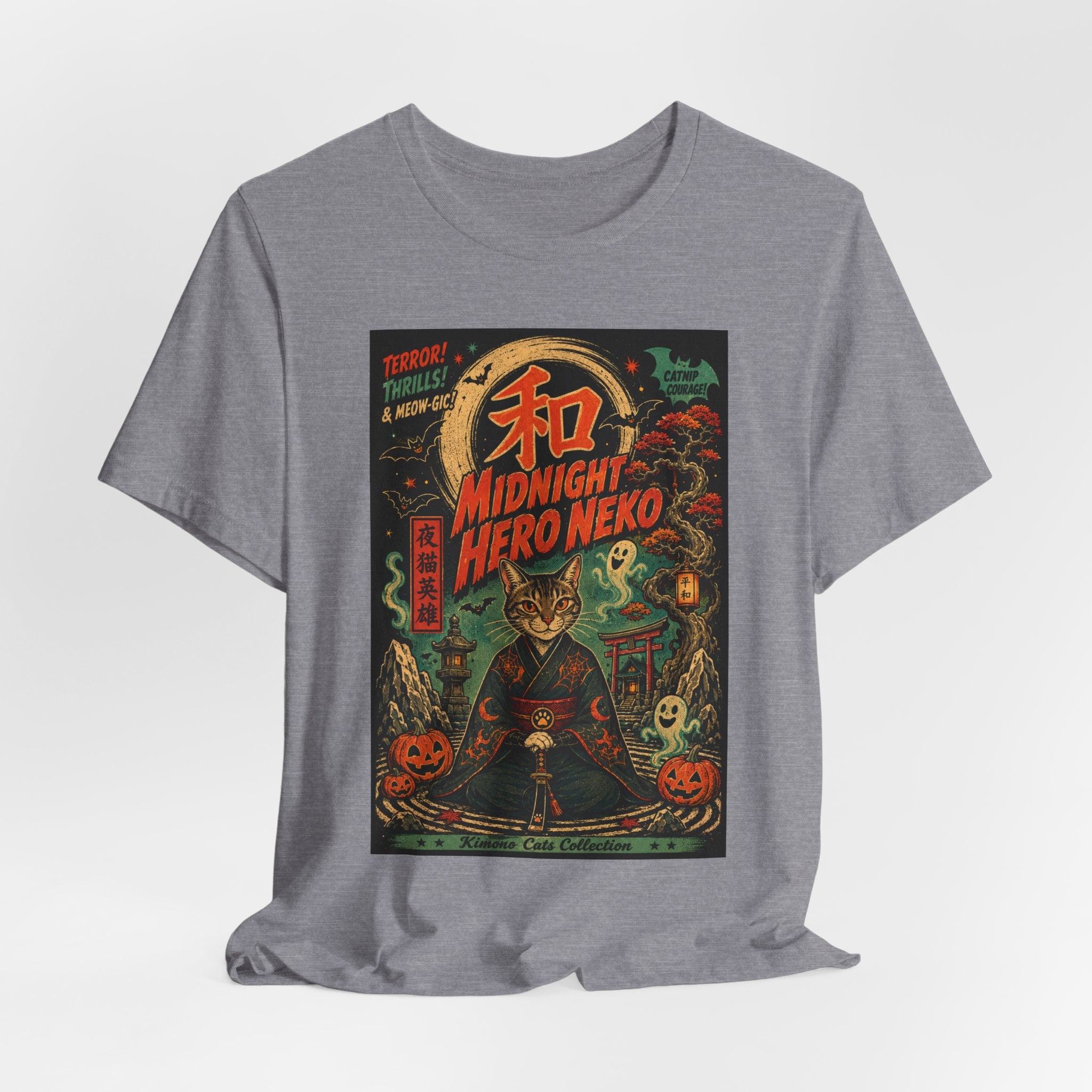 Midnight Hero Neko Tee — Vintage Halloween Cat Graphic T-Shirt