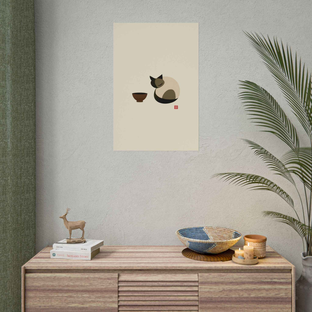 Minimalist Cat & Tea Rolled Poster — Japanese Zen Wall Art