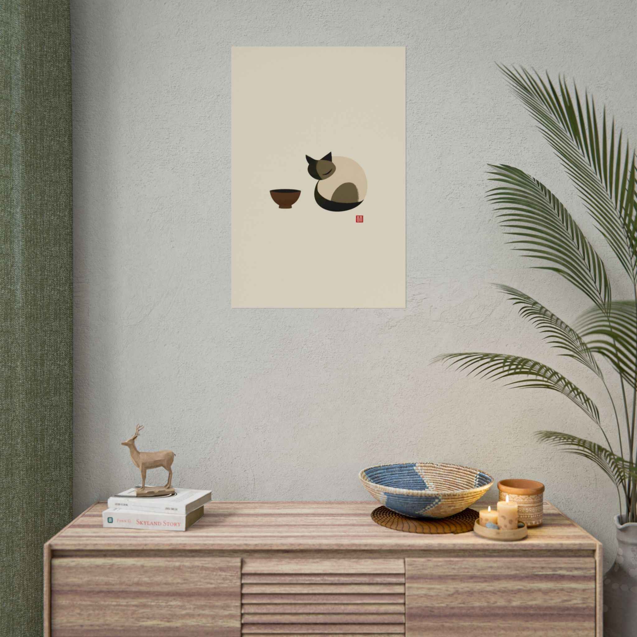Minimalist Cat & Tea Rolled Poster — Japanese Zen Wall Art