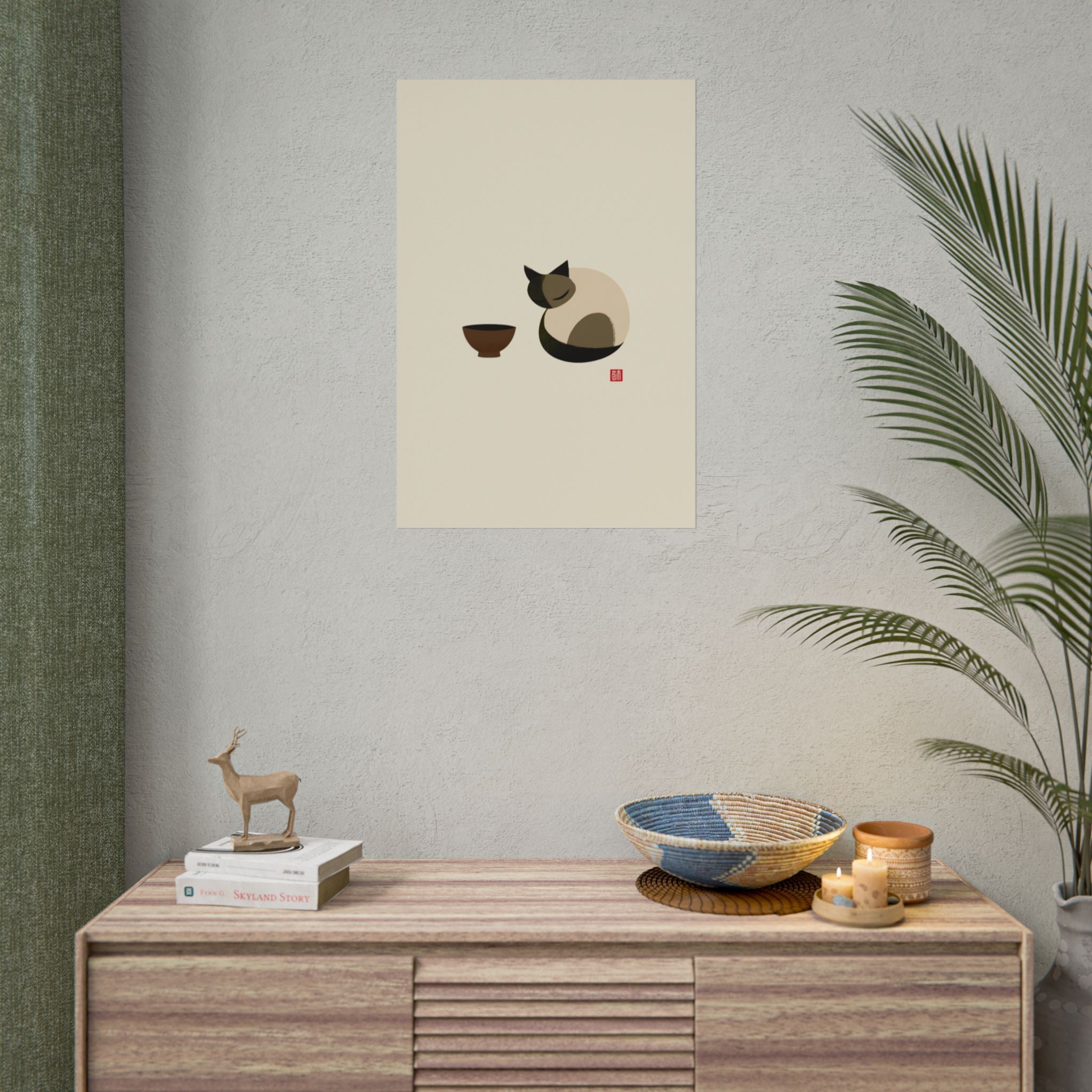 Minimalist Cat & Tea Rolled Poster — Japanese Zen Wall Art