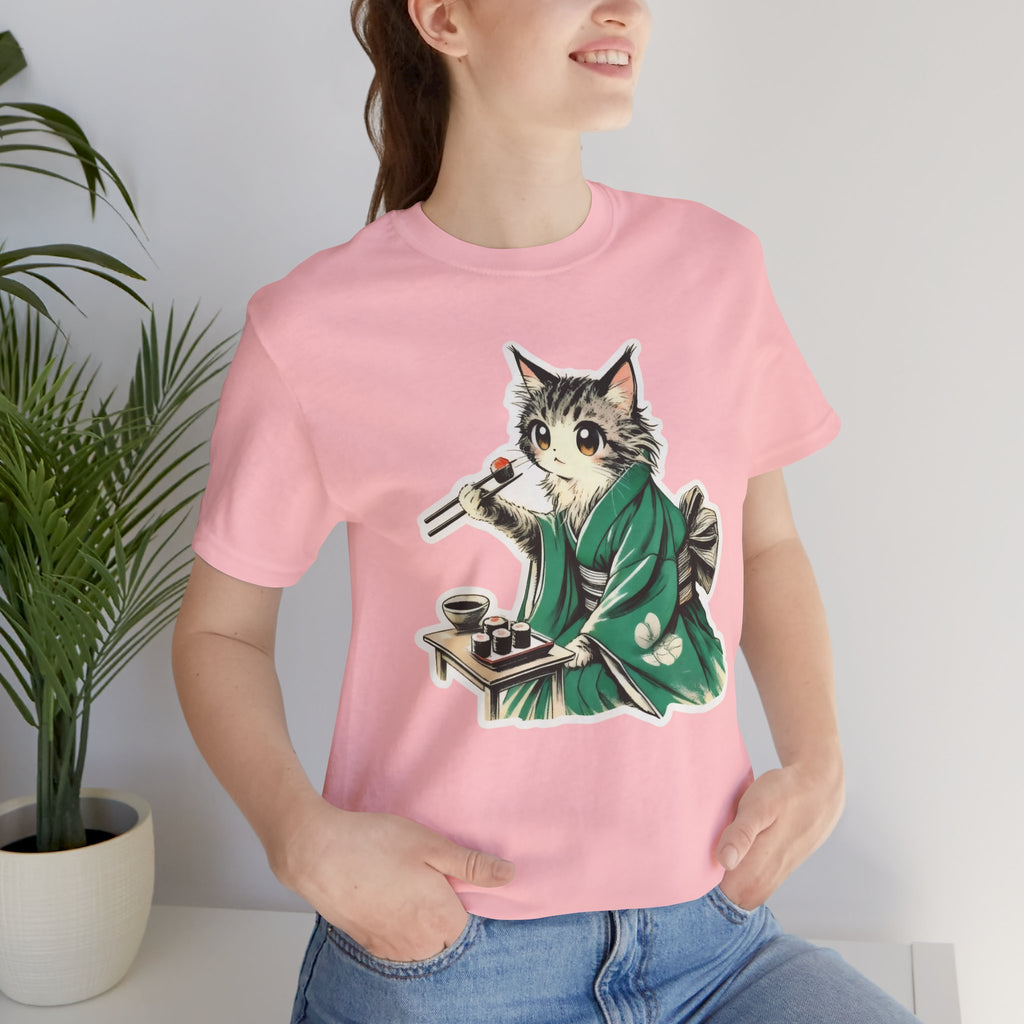 Kat Wearing Kimono Eating Sushi T-Shirt | Cute Japanese Cat Illustration