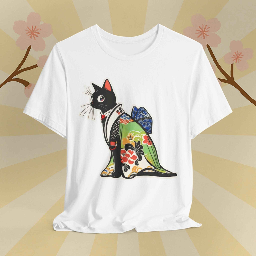 Cat Kimono T‑Shirt — Japanese Floral Black Cat Graphic Tee