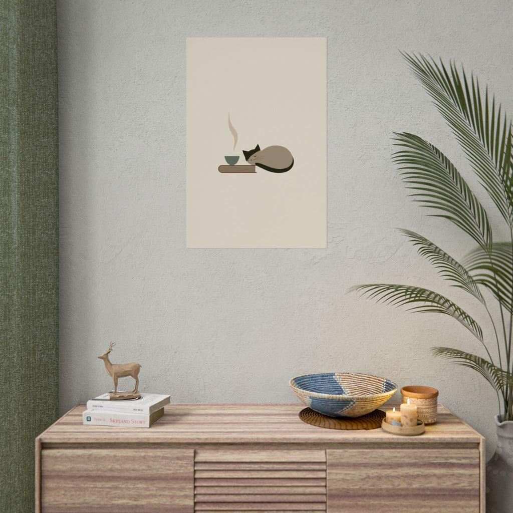Sleeping Cat with Tea Rolled Poster | Minimal Cozy Wall Art