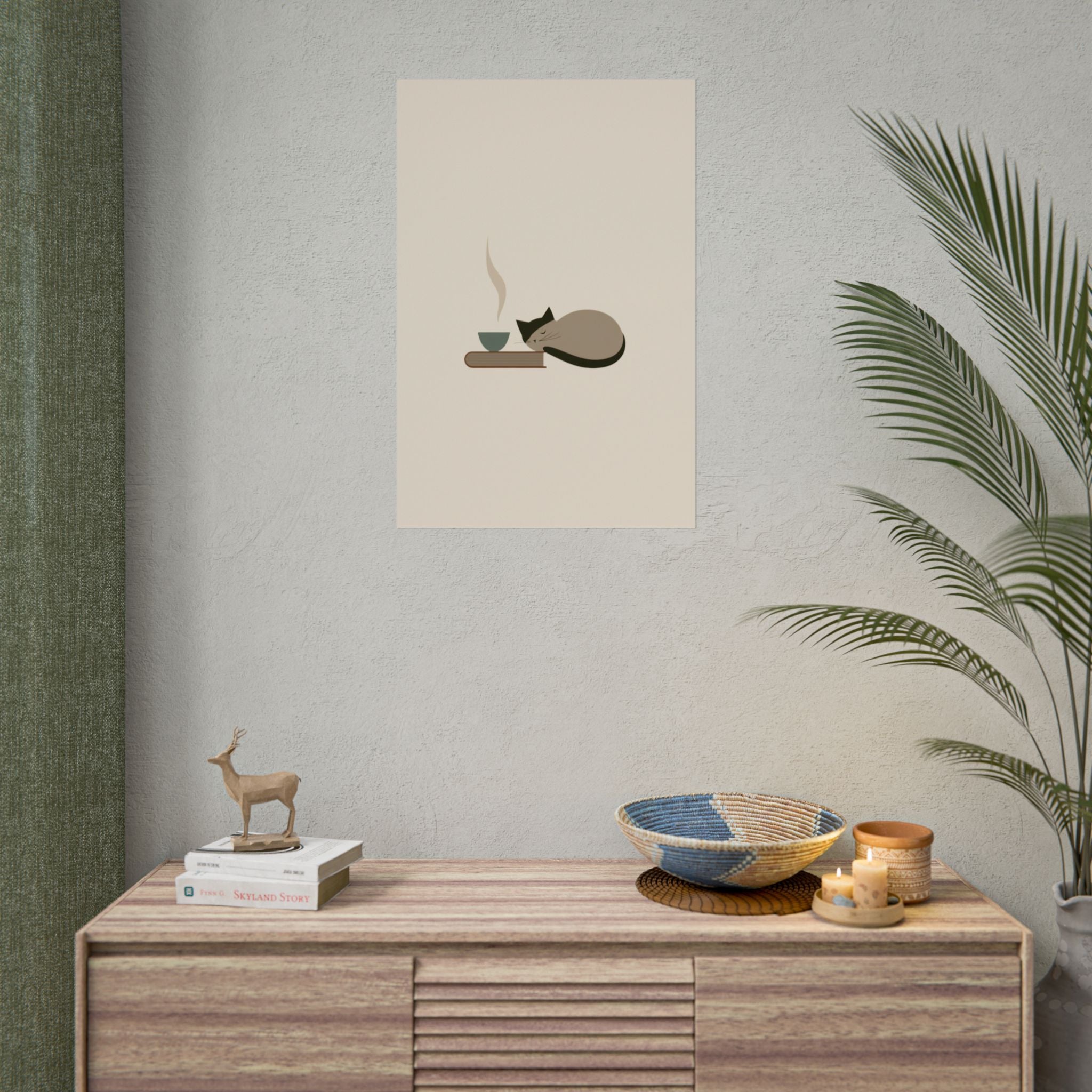 Sleeping Cat with Tea Rolled Poster | Minimal Cozy Wall Art