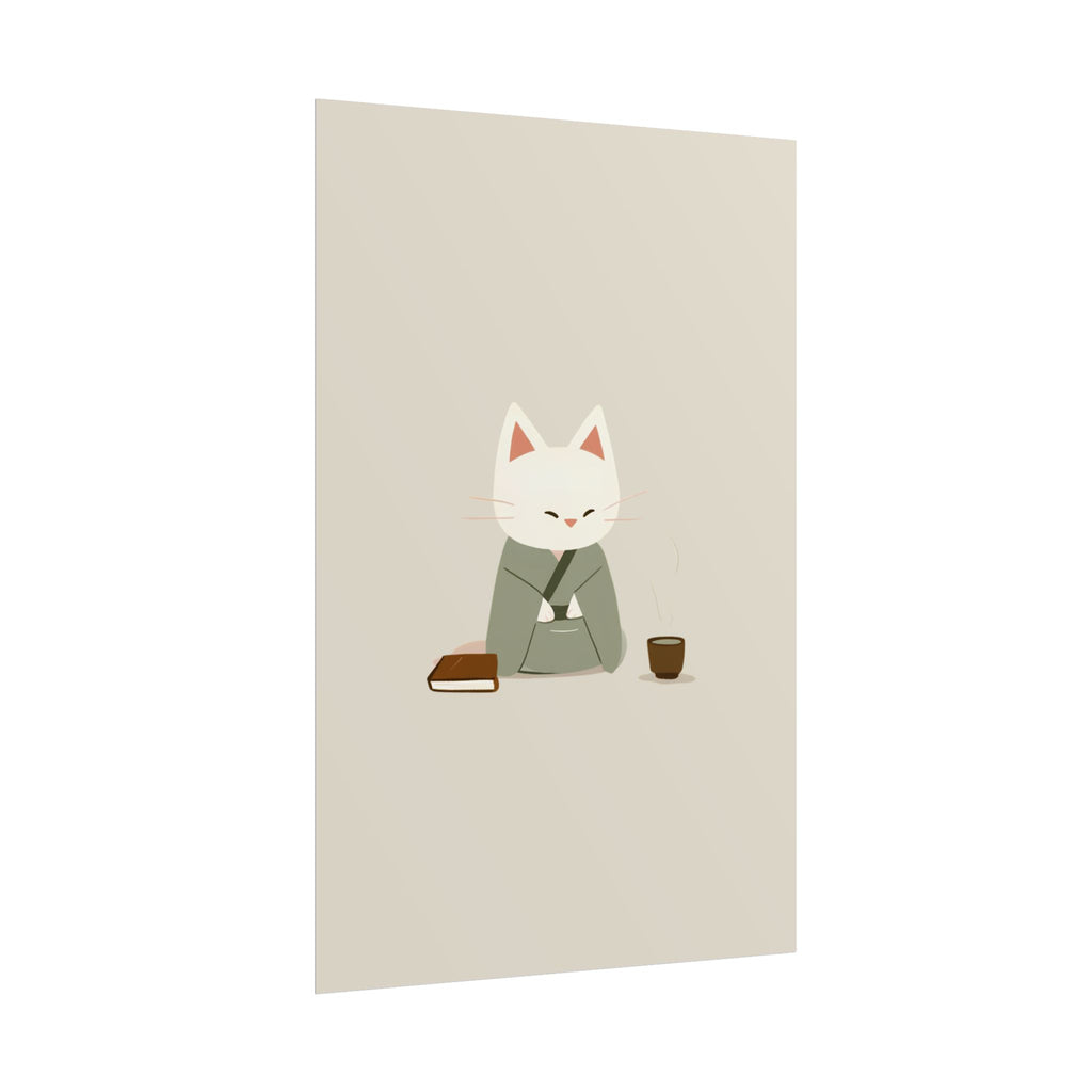 Zen Cat Poster – Minimalist Japanese Tea & Book Wall Art