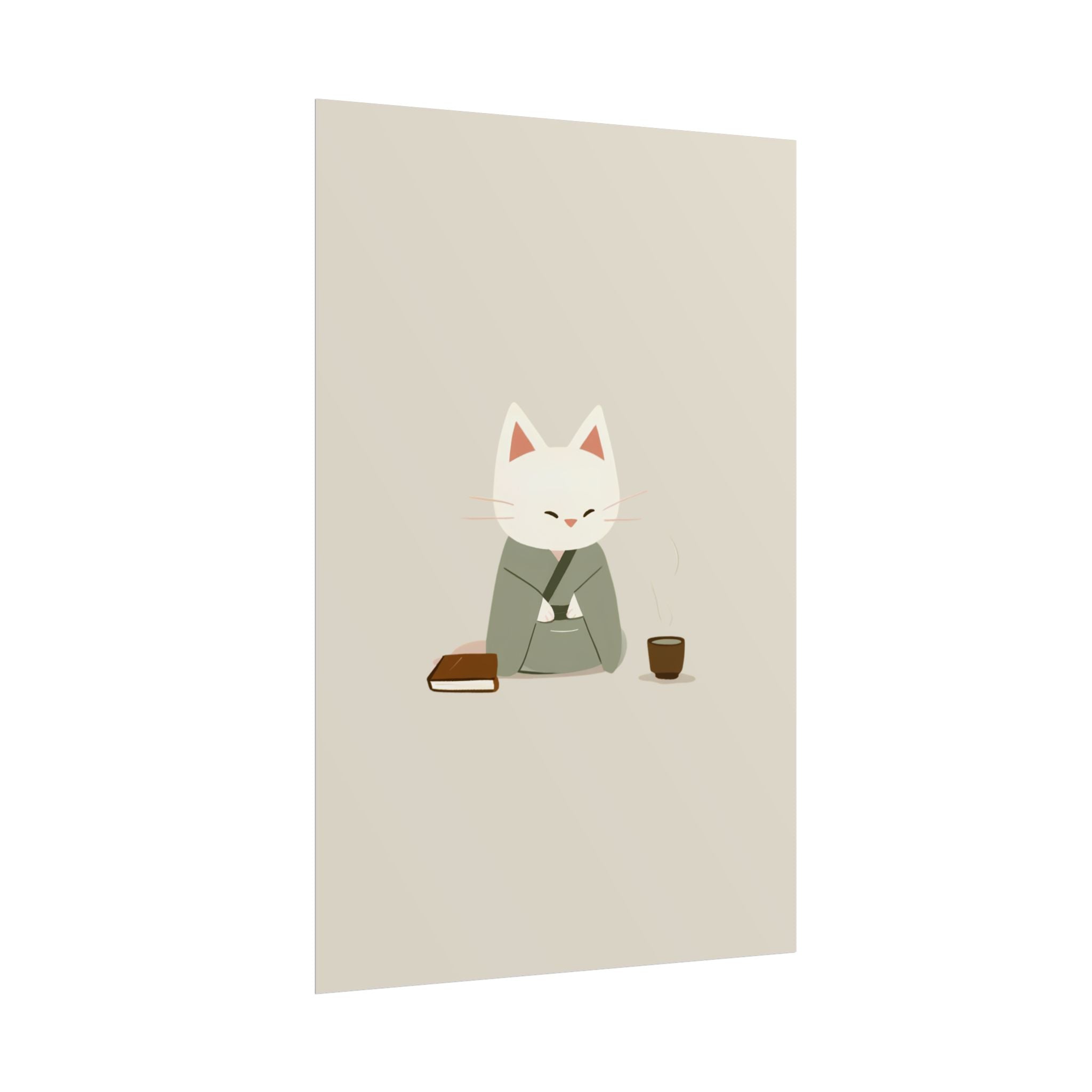 Zen Cat Poster – Minimalist Japanese Tea & Book Wall Art