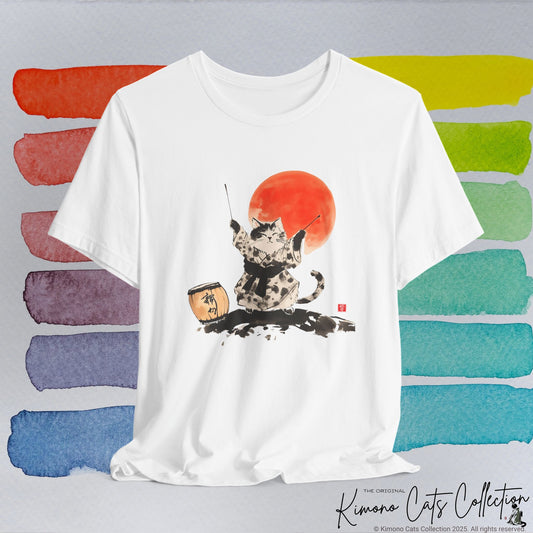 Taiko Drum Cat Tee - Japanese Sumi-e Ink Style Shirt