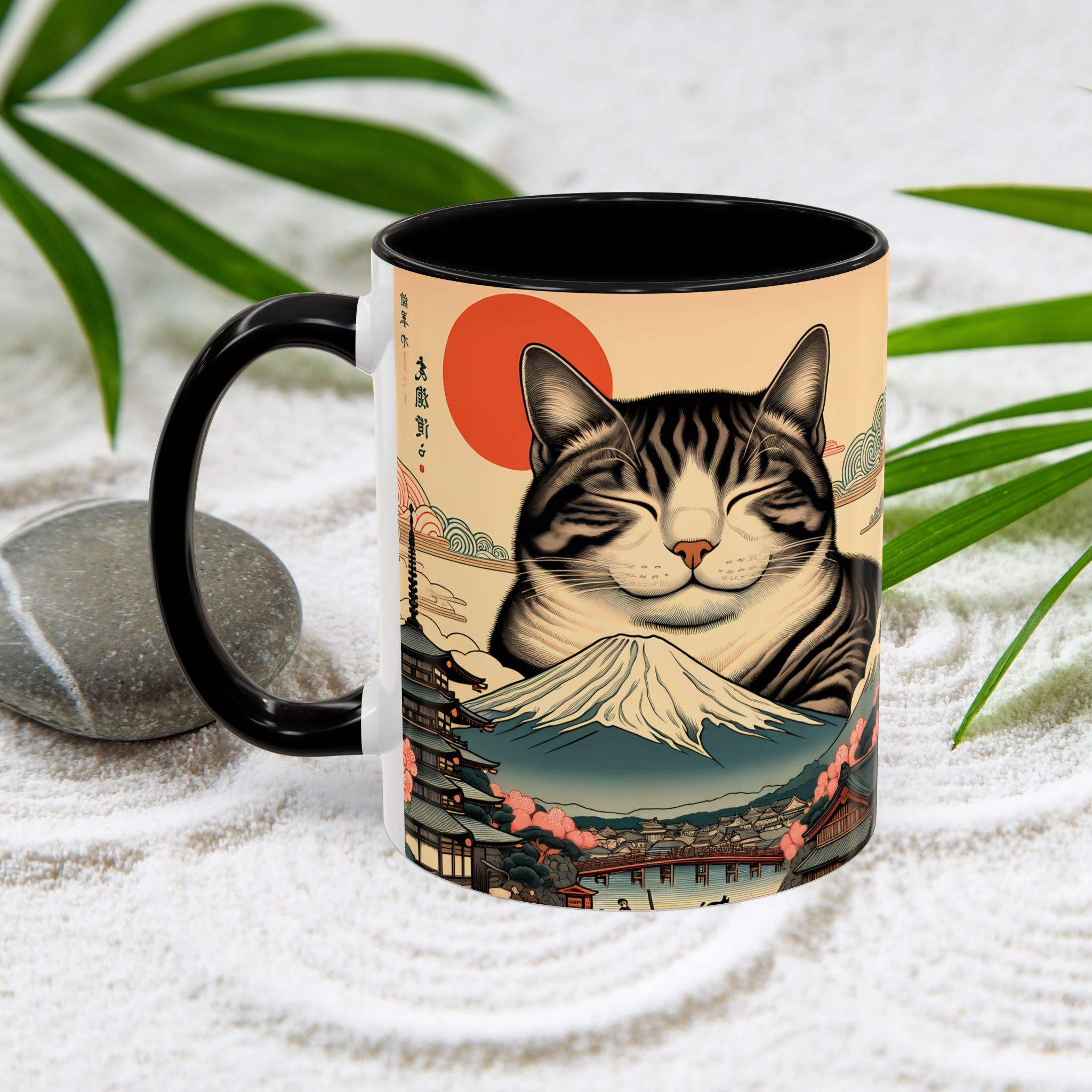 Japanese Fuji Cat Mug - Ukiyo-e Style Gift for Cat Lovers, Pet Mom Coffee Cup, Sleepy Neko Art Design