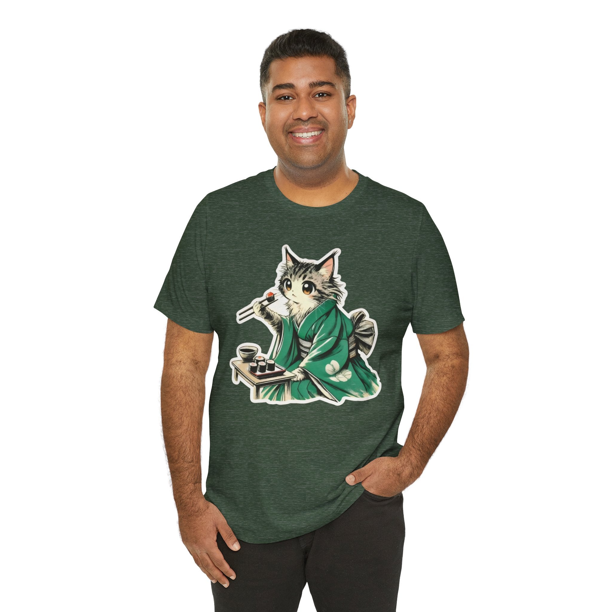 Kat Wearing Kimono T-Shirt - Cute Japanese Cat Illustration Enjoying Sushi - Kimono Cats Collection