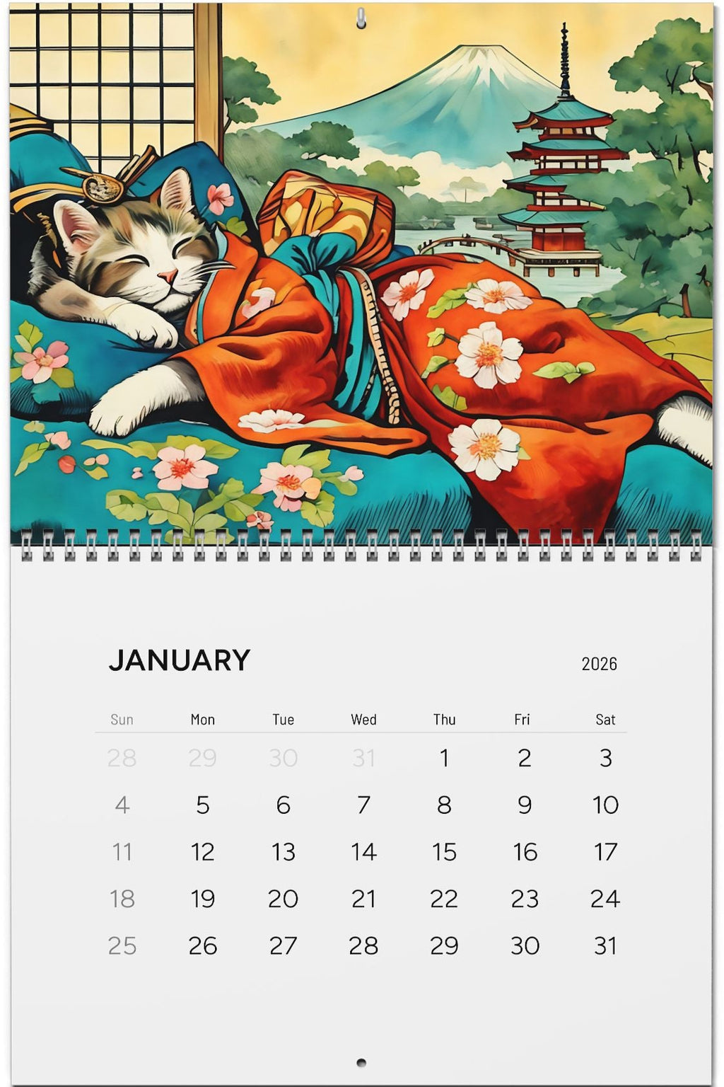 Calendar with a cat in traditional Japanese kimono and Mount Fuji illustration