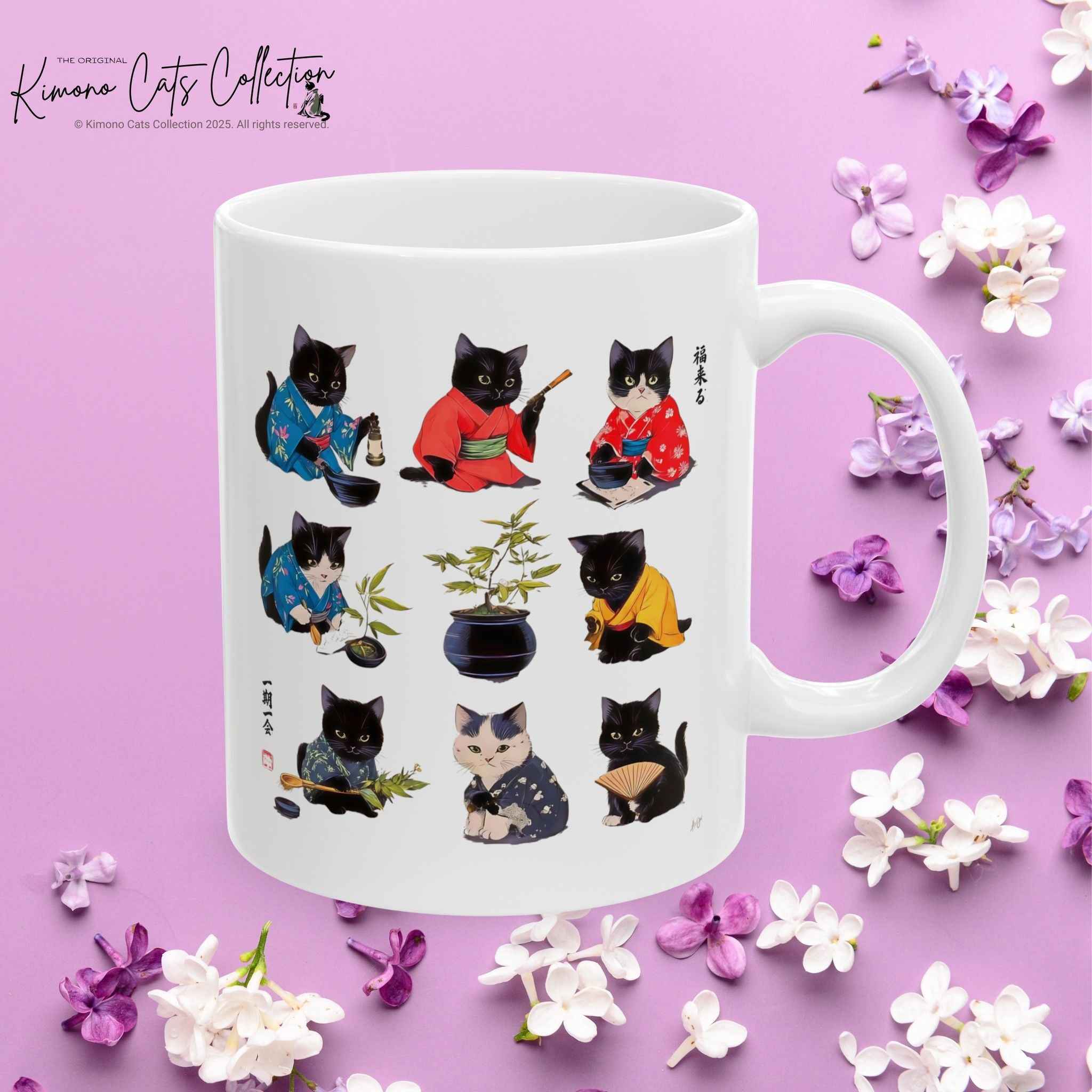Hobby Cats in Kimonos Mug - Cute Cat Lover's Gift Featuring Adorable Feline Art