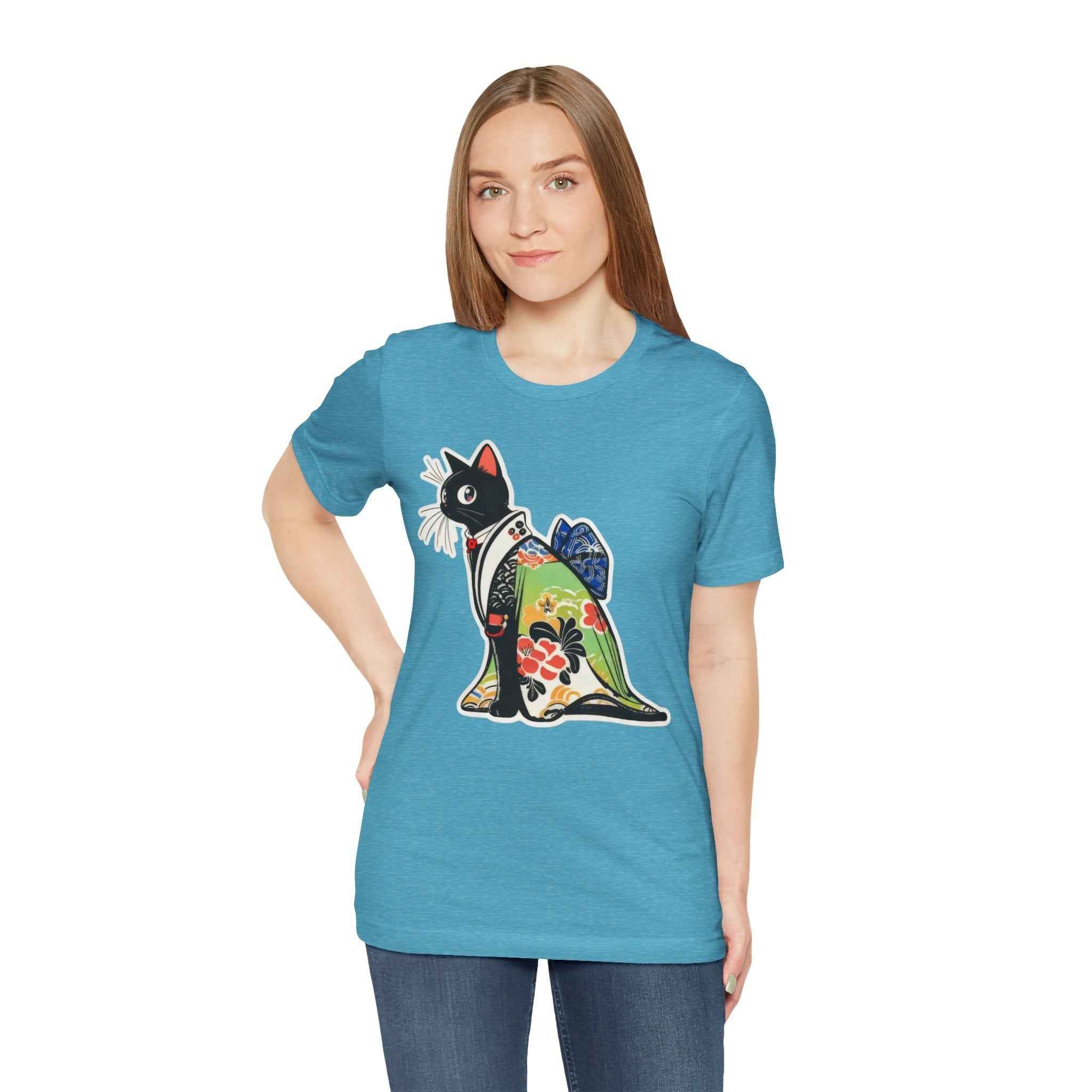 Cat Kimono T‑Shirt — Japanese Floral Black Cat Graphic Tee