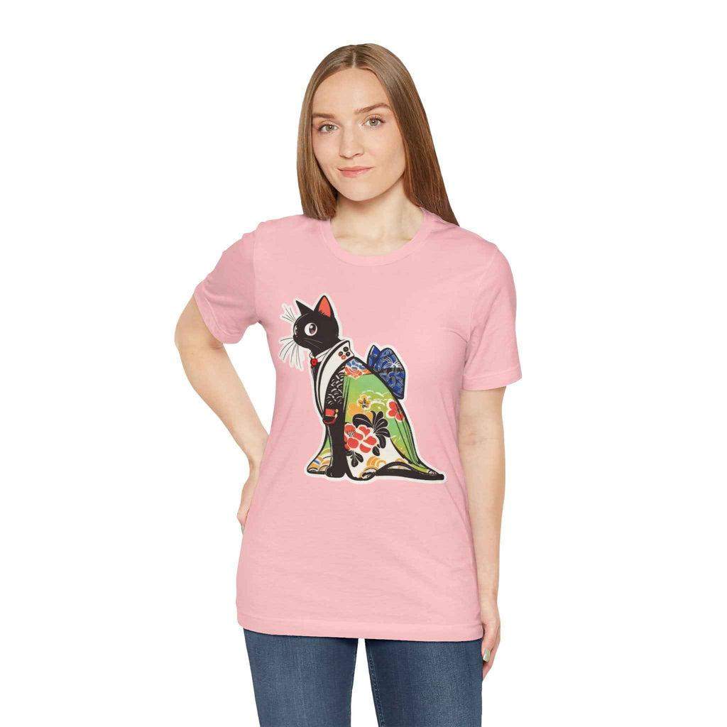 Cat Kimono T‑Shirt — Japanese Floral Black Cat Graphic Tee