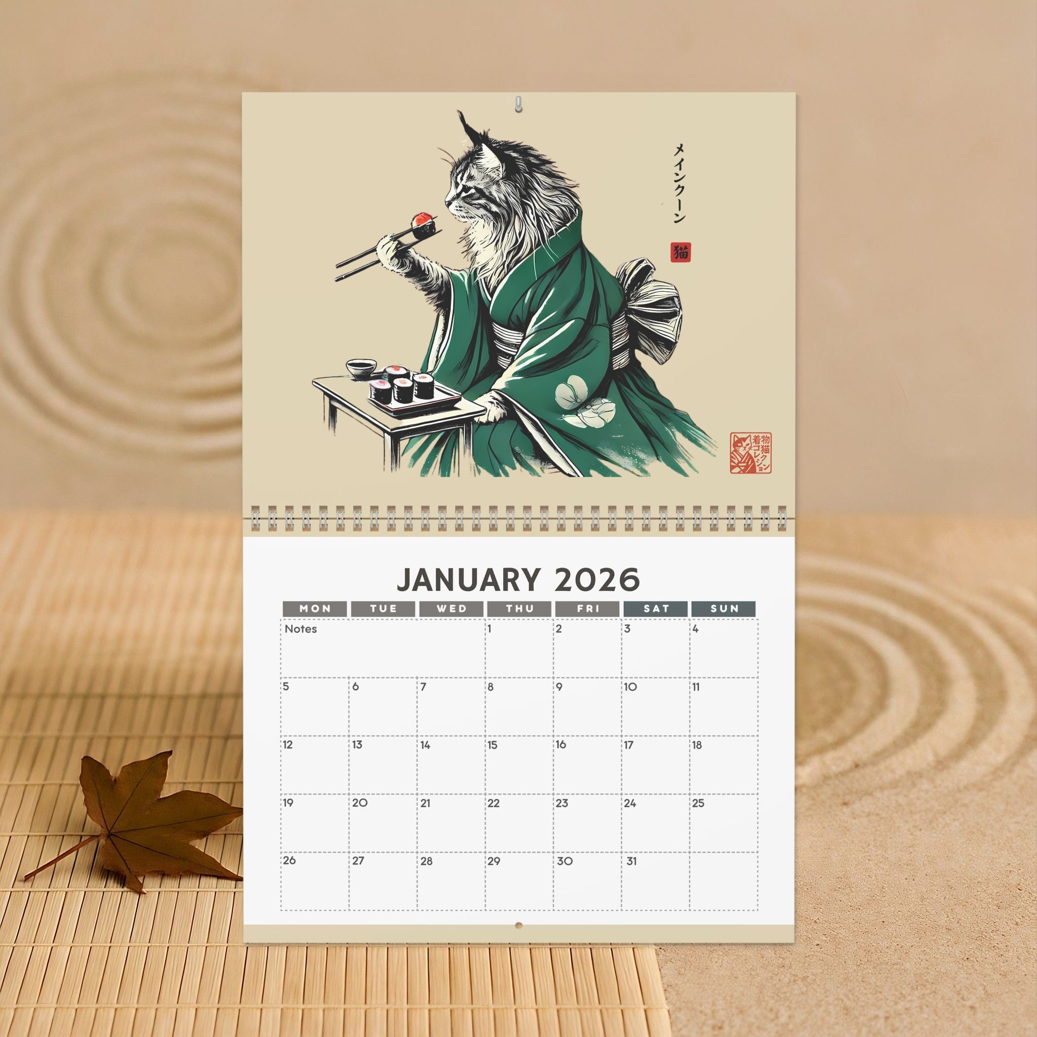 2026 Cats in Kimonos Eating Sushi Calendar - Japan Cat Sumi-e Art