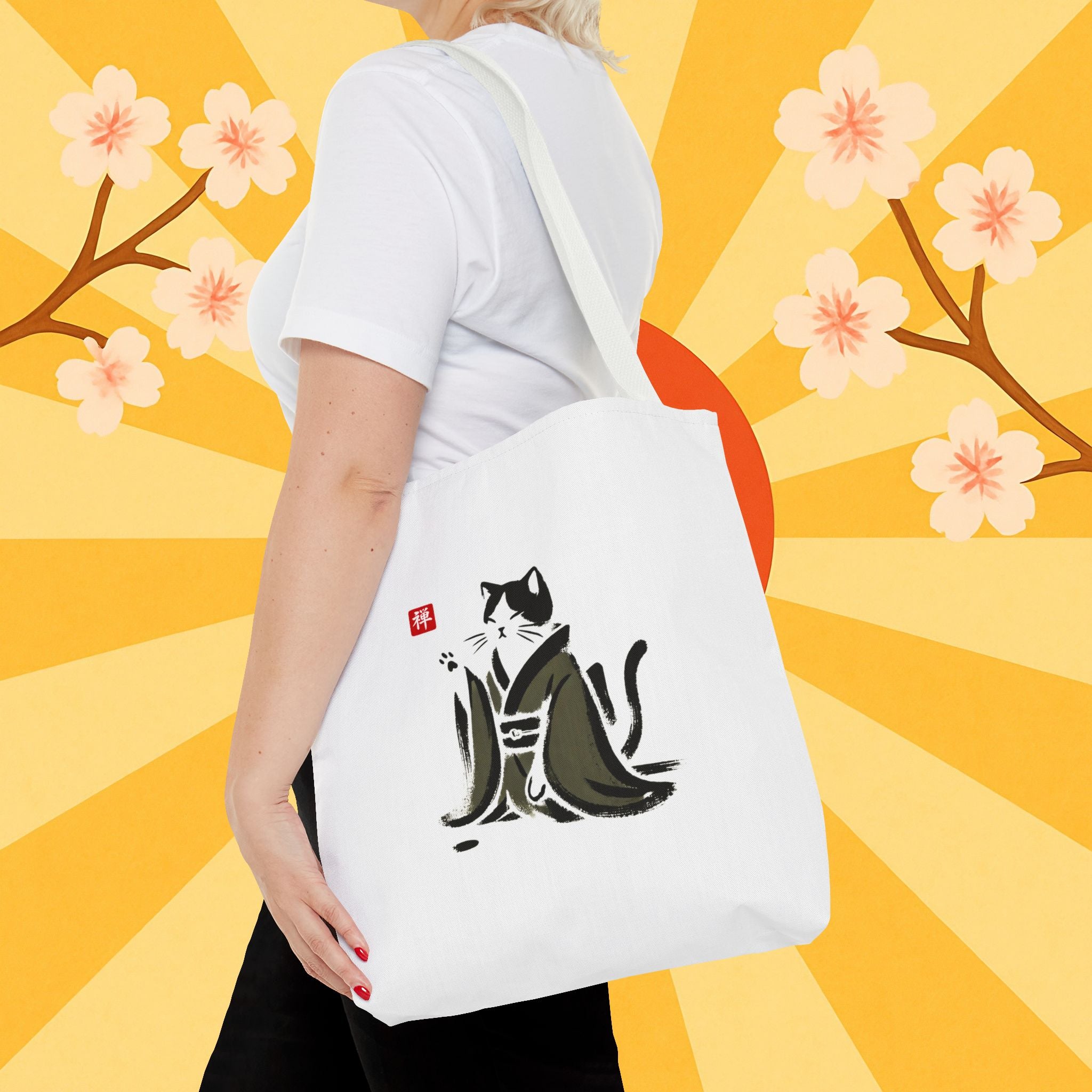 Zen Cat Tote Bag — Japanese Sumi-e Style Cat Illustration
