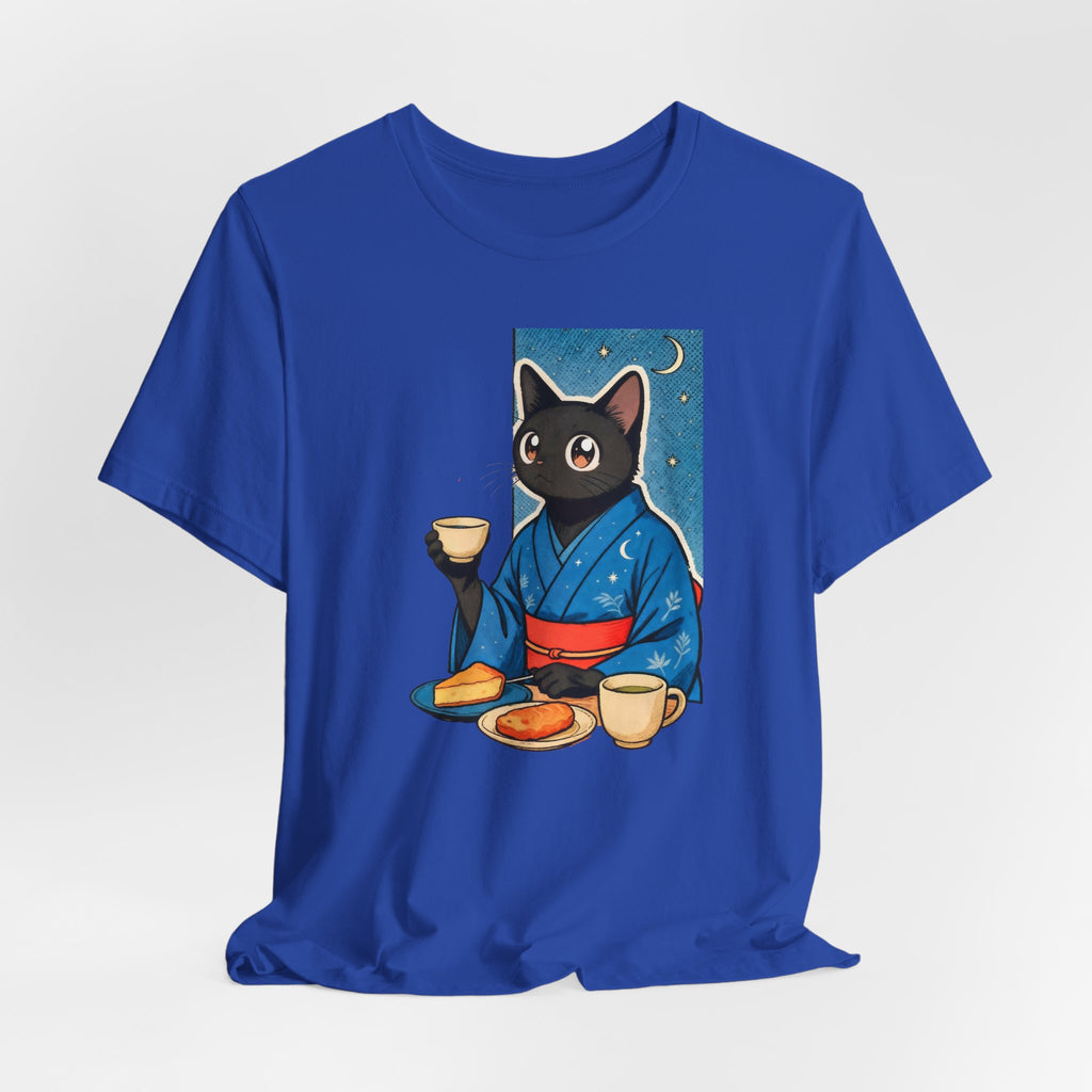 Midnight Tea Cat Shirt - Japanese Kimono Black Cat Tee | Cozy Night Aesthetic